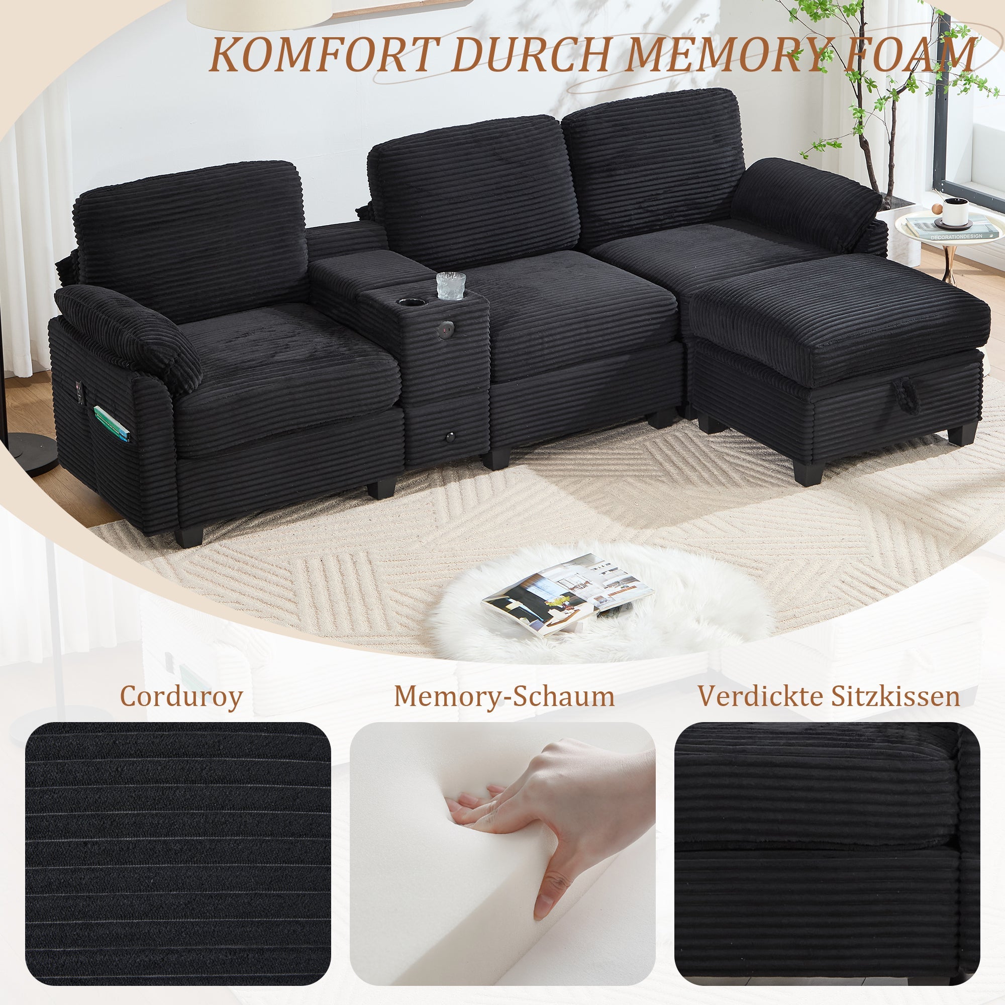 Large Sofa Removable Console USB-C Storage Ottoman - Corduroy