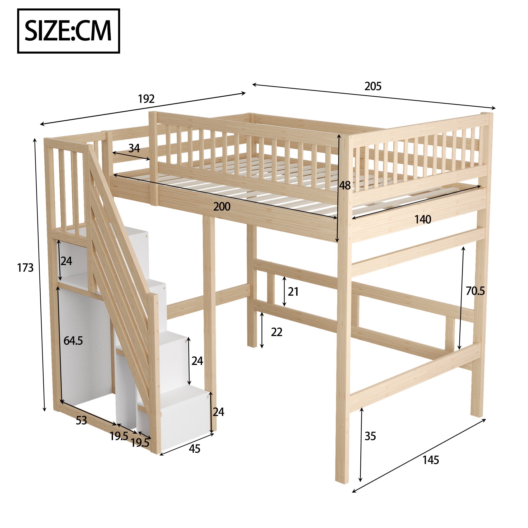 Solid Wood Bed, 140x200 with Storage Stairs & High Railing, Wood Color
