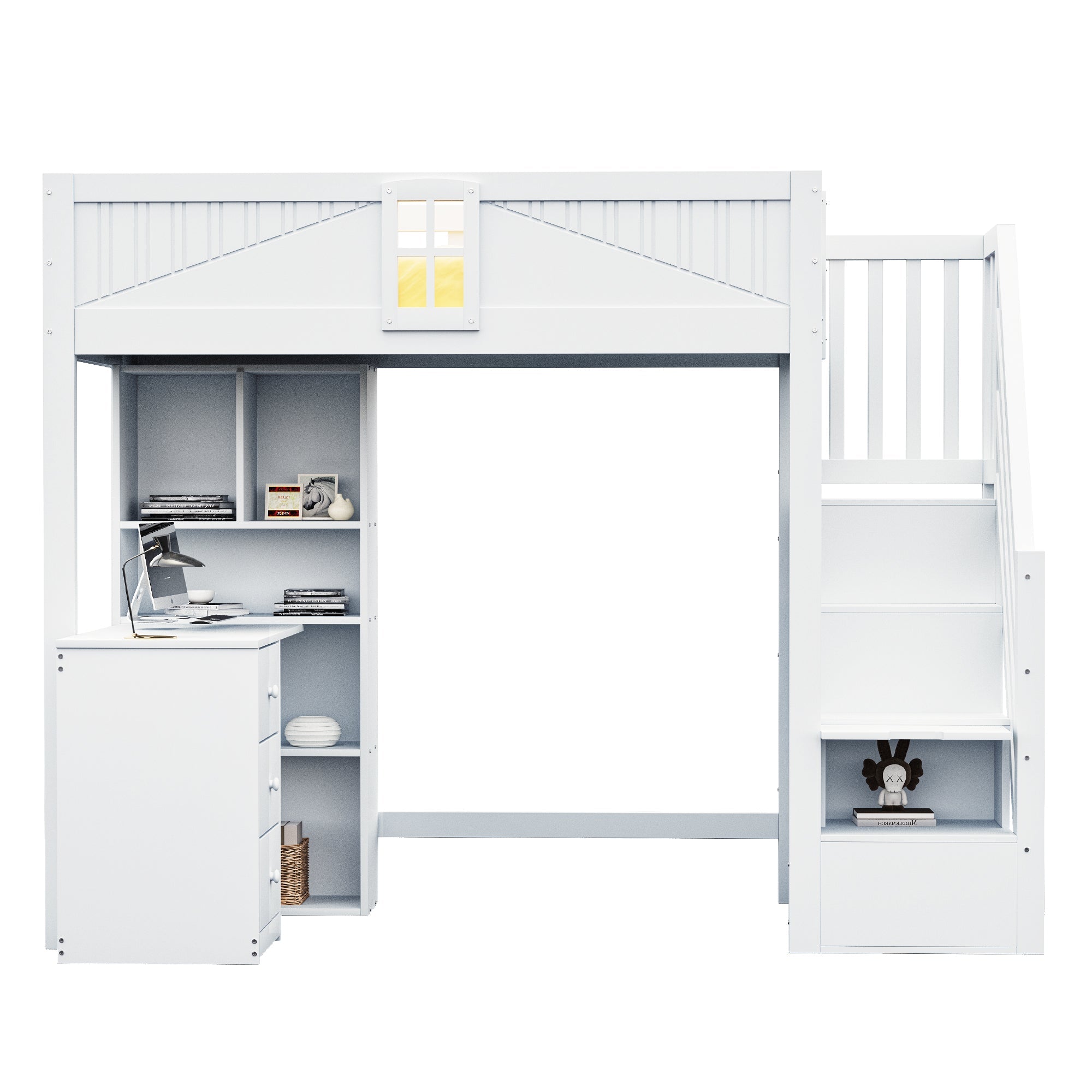 Loft Bed, 90x200cm with Storage, Desk, Drawers, White Solid Wood