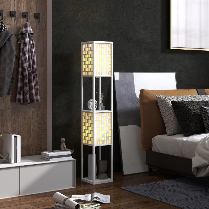 Floor Lamp, 2 Compartments E27 Socket Lattice Pattern Column with Foot Switch and Pull Chain, White