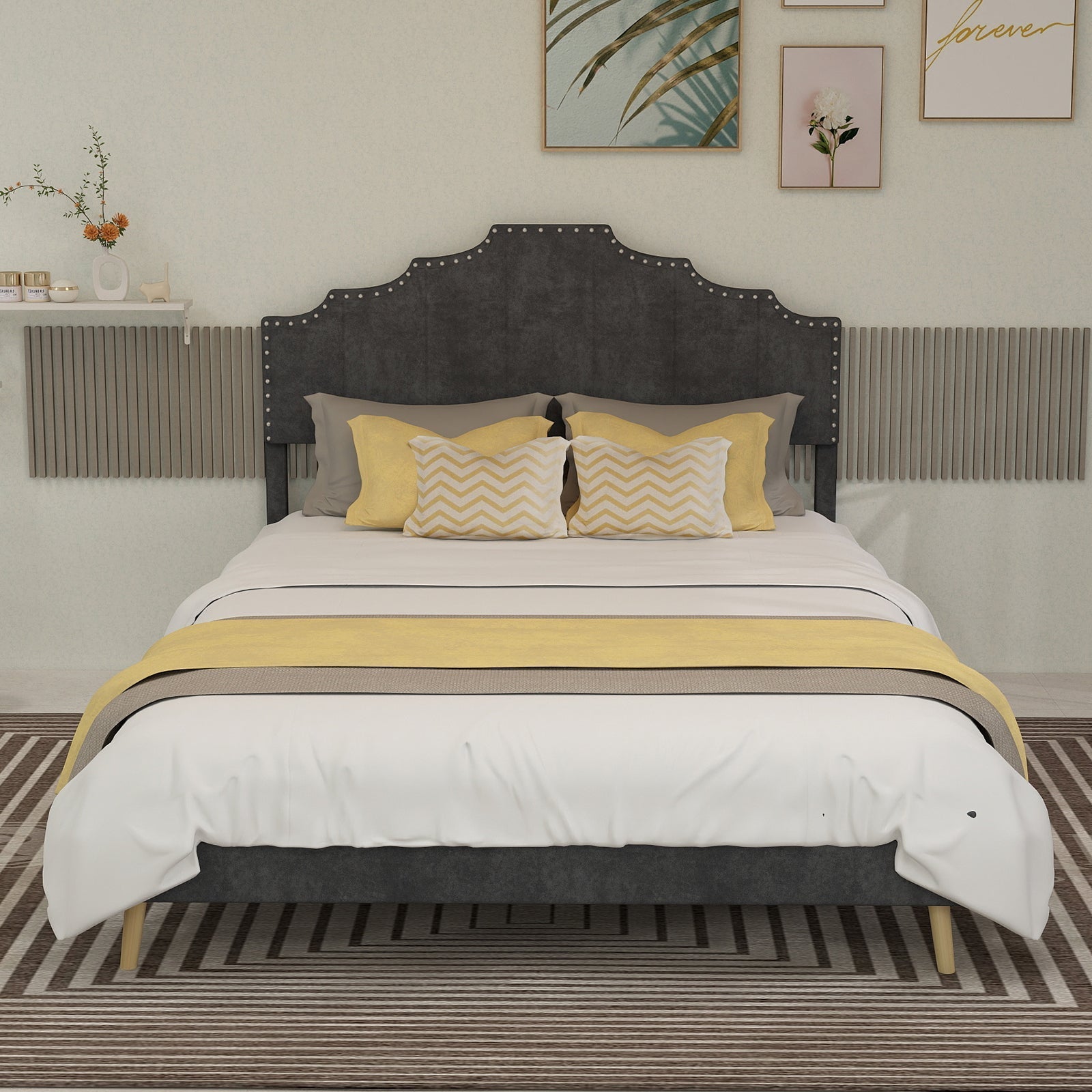 Soft Bed 140x200cm Modern Minimalist Comfortable Headboard Low Box Frame Gray