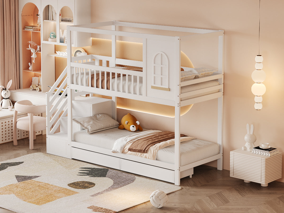 Bunk Bed 90x200cm House Design Drawers Ladder Solid Wood - White