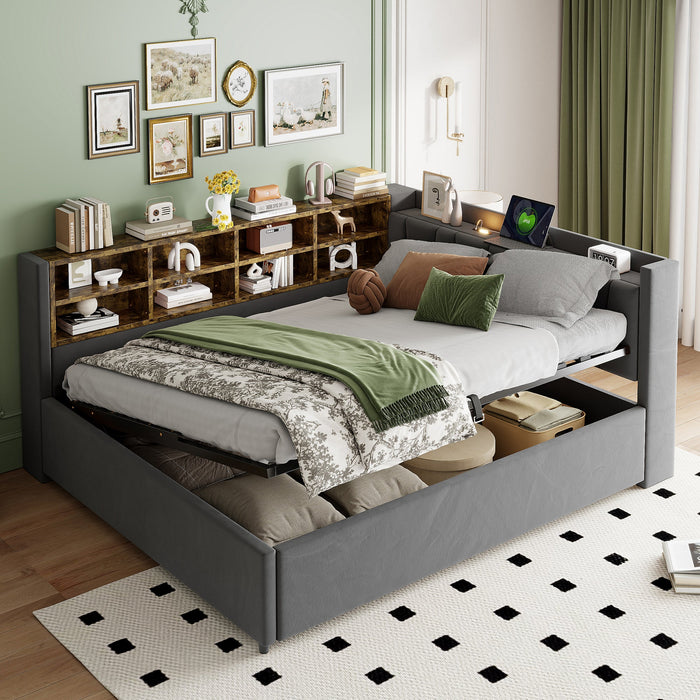 Upholstered Bed/Sofa Bed 140x200 Hydraulic Storage USB Night Light Velvet Dark Grey
