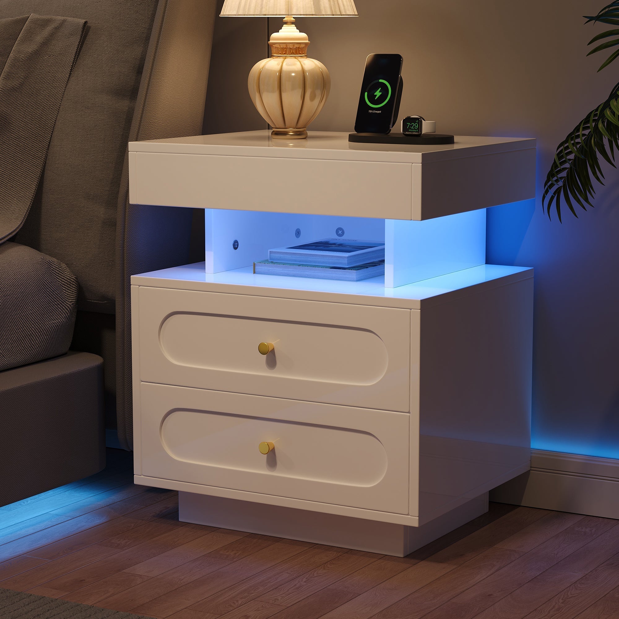 Nachttisch mit LED, 2 Schubladen und offenem Fach, Weiß