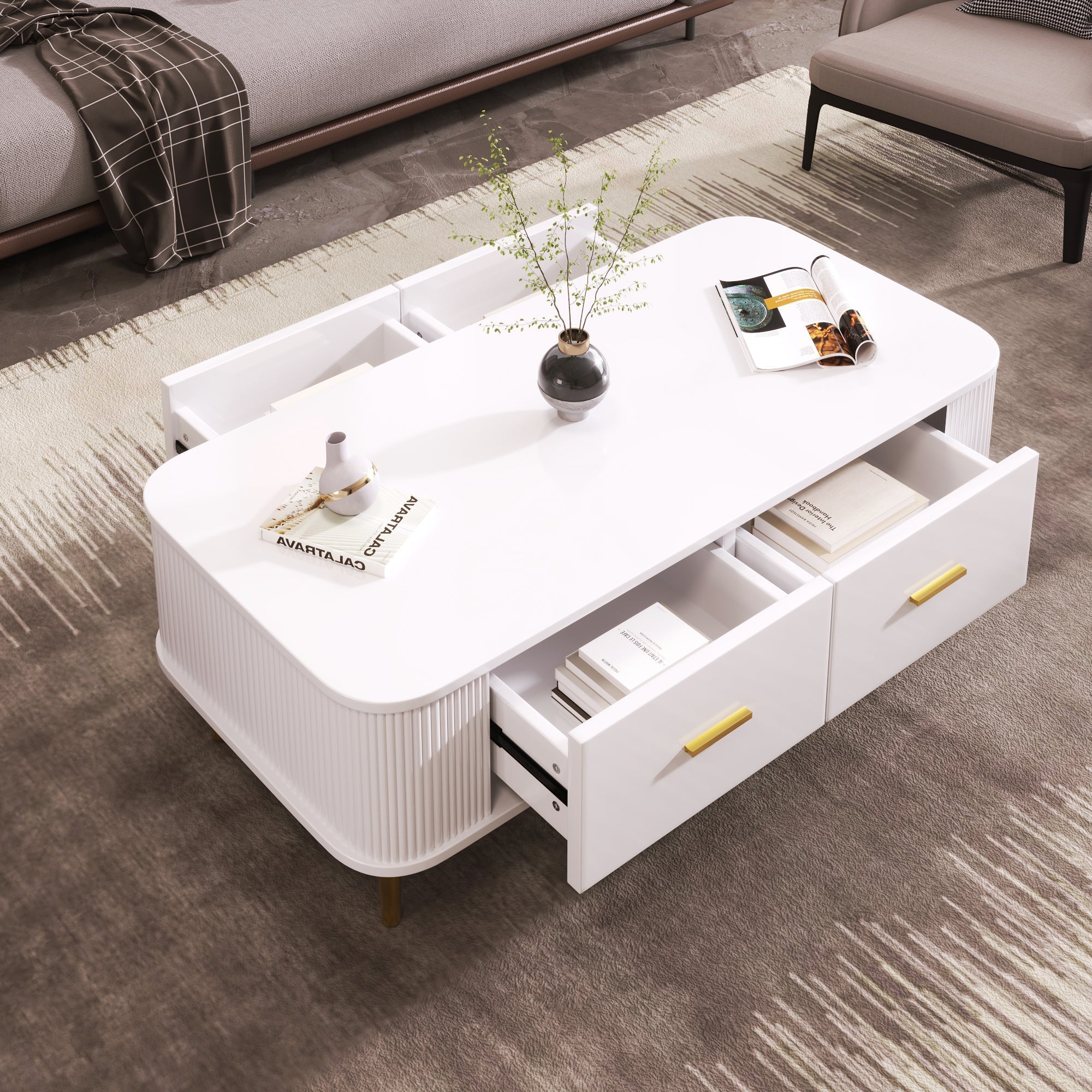 Coffee Table with Drawers, Curved Corners, Wavy Sides, Gold