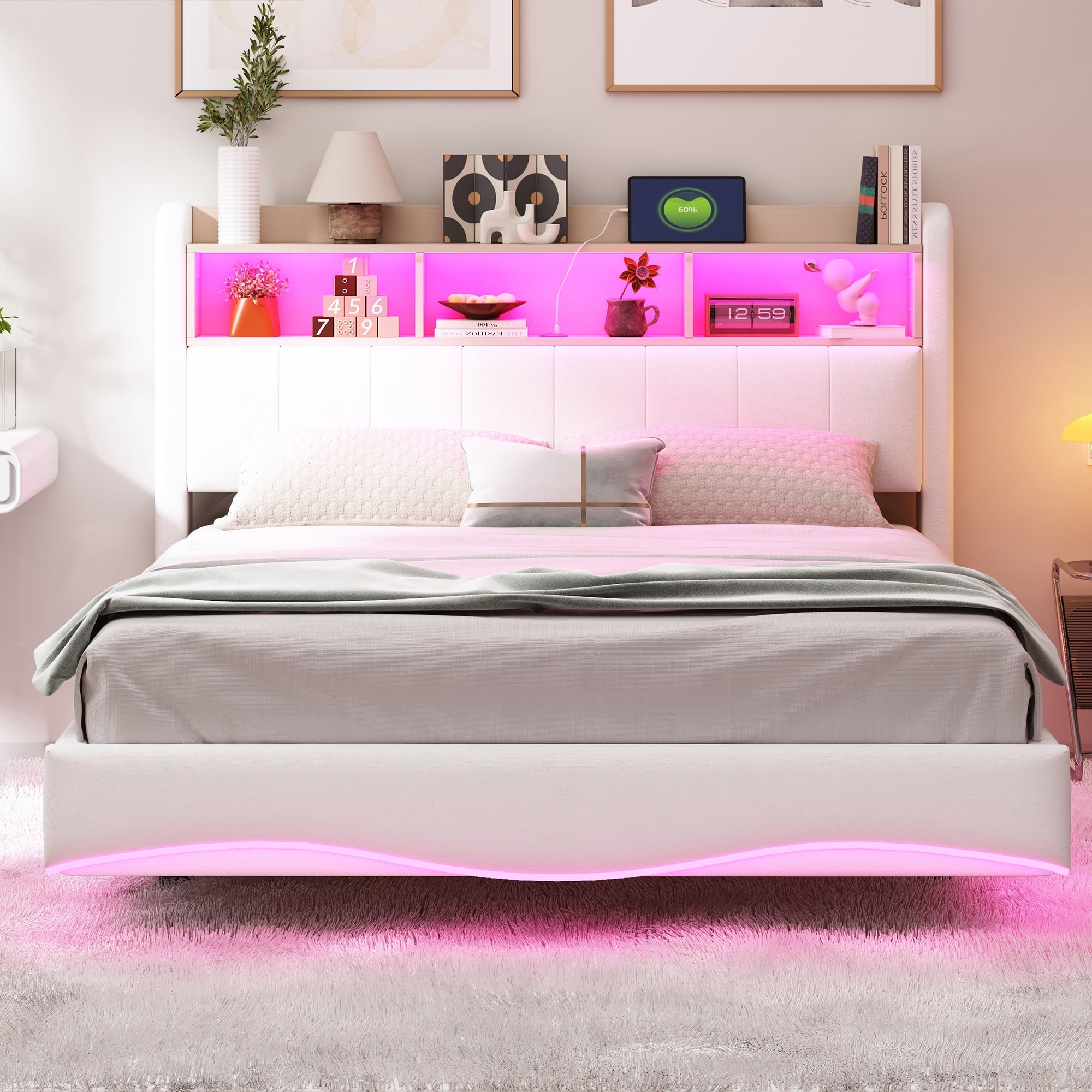 Suspended Design Upholstered Bed 140*200, Multifunctional Storage with LED, USB & Type-C, Linen Fabric Beige