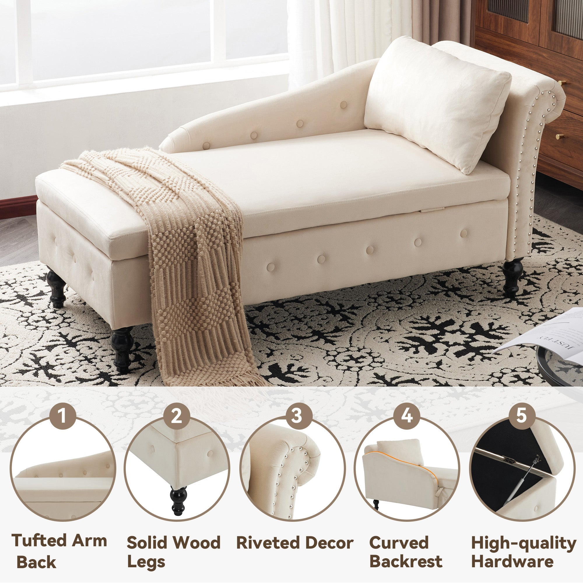 Velvet Chaise Lounge Sofa with Storage, Upholstered Chaise Lounge Couch with Pillow, Right Armrest, Velvet