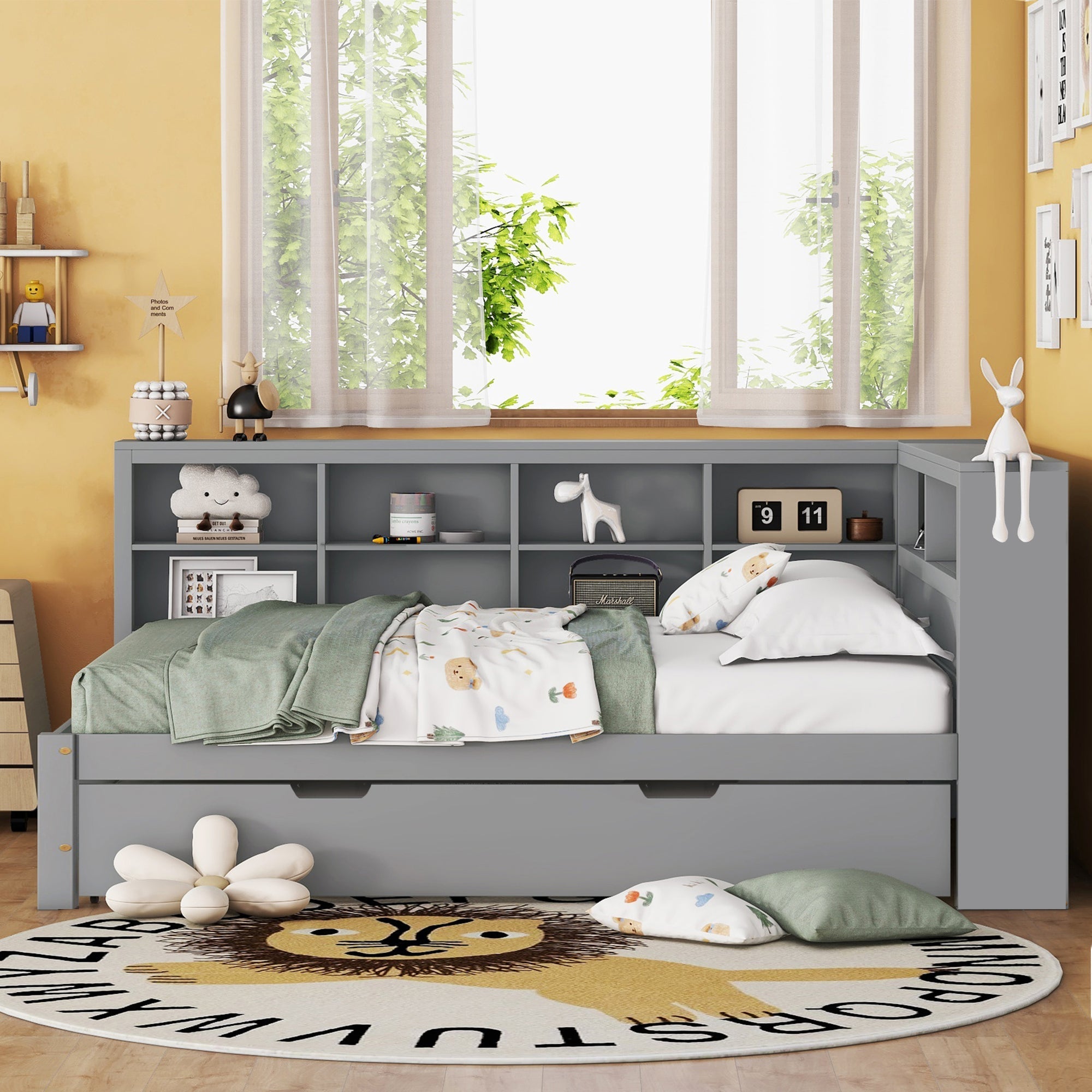 Sofa Bed 140x200 Pull-Out 90x190 with USB & Storage, Solid Wood, Gray