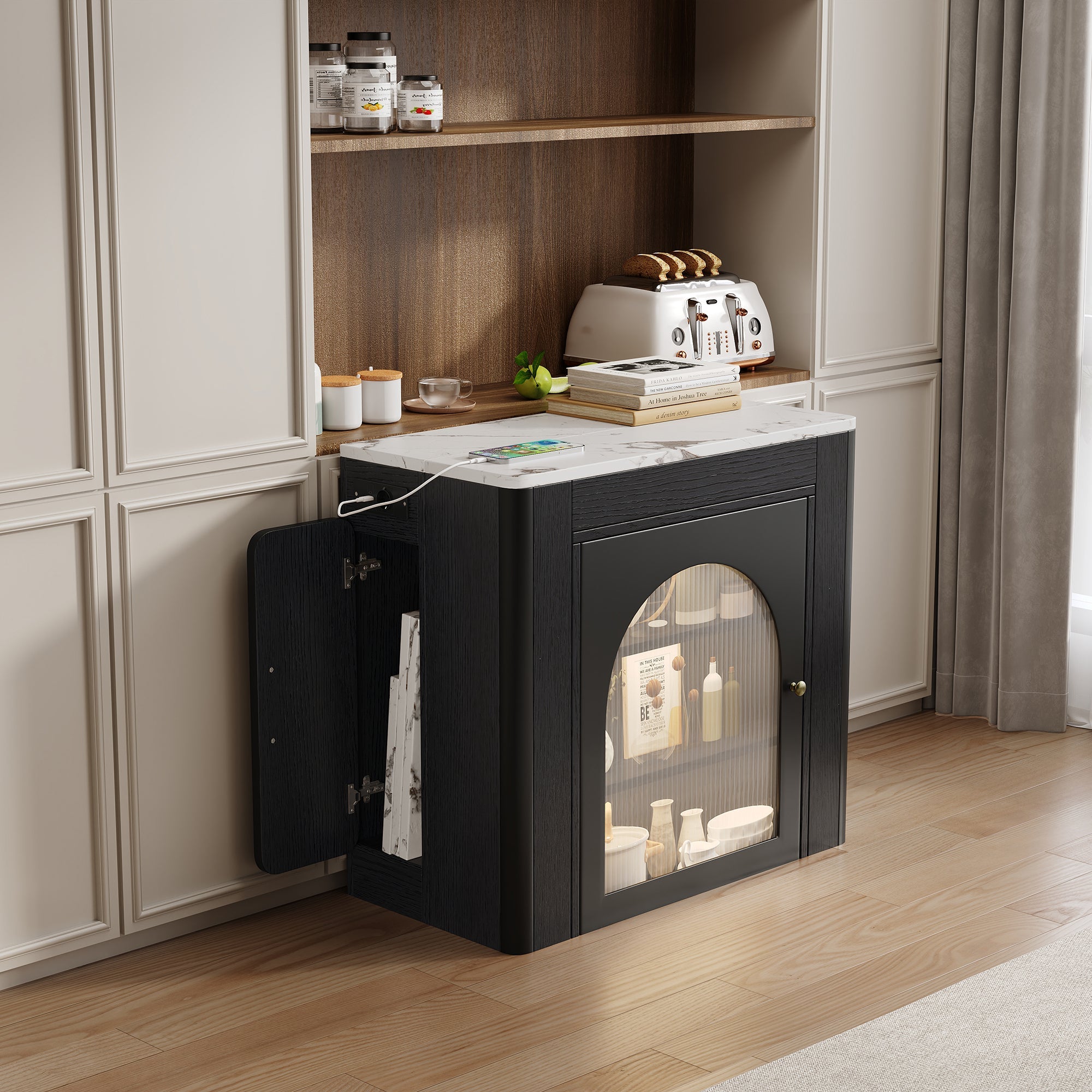 Kitchen Island, Extendable Mobile Serving Cart with Wheels, Black