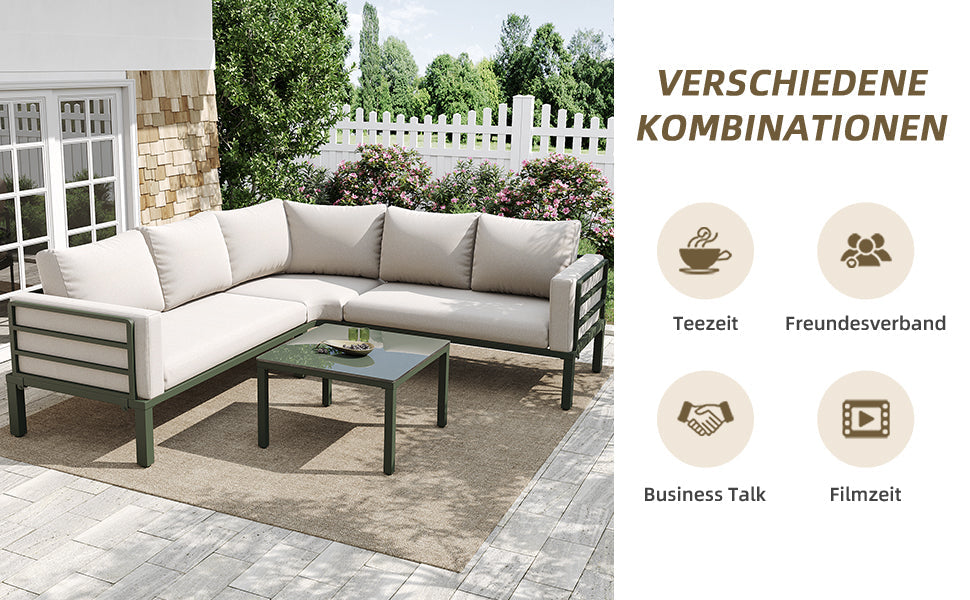 Garden Furniture Set 4-5 Seater with Tempered Glass Coffee Table Adjustable Legs - Green Iron/Beige Cushions