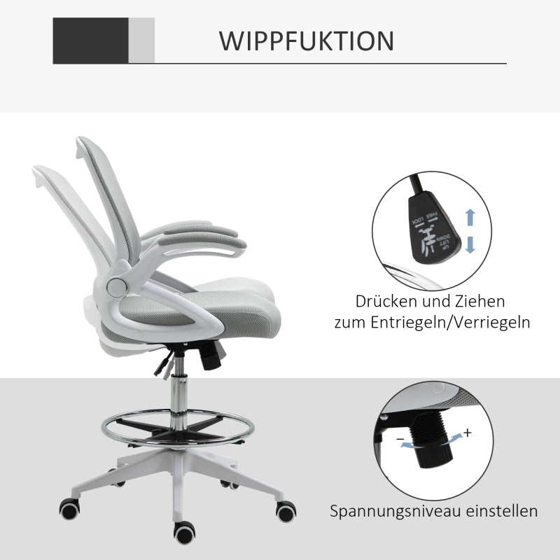 Vinsetto Office Chair, Ergonomic Desk with Folding Armrests, Adjustable Footrest, Swivel, Mesh Light Grey