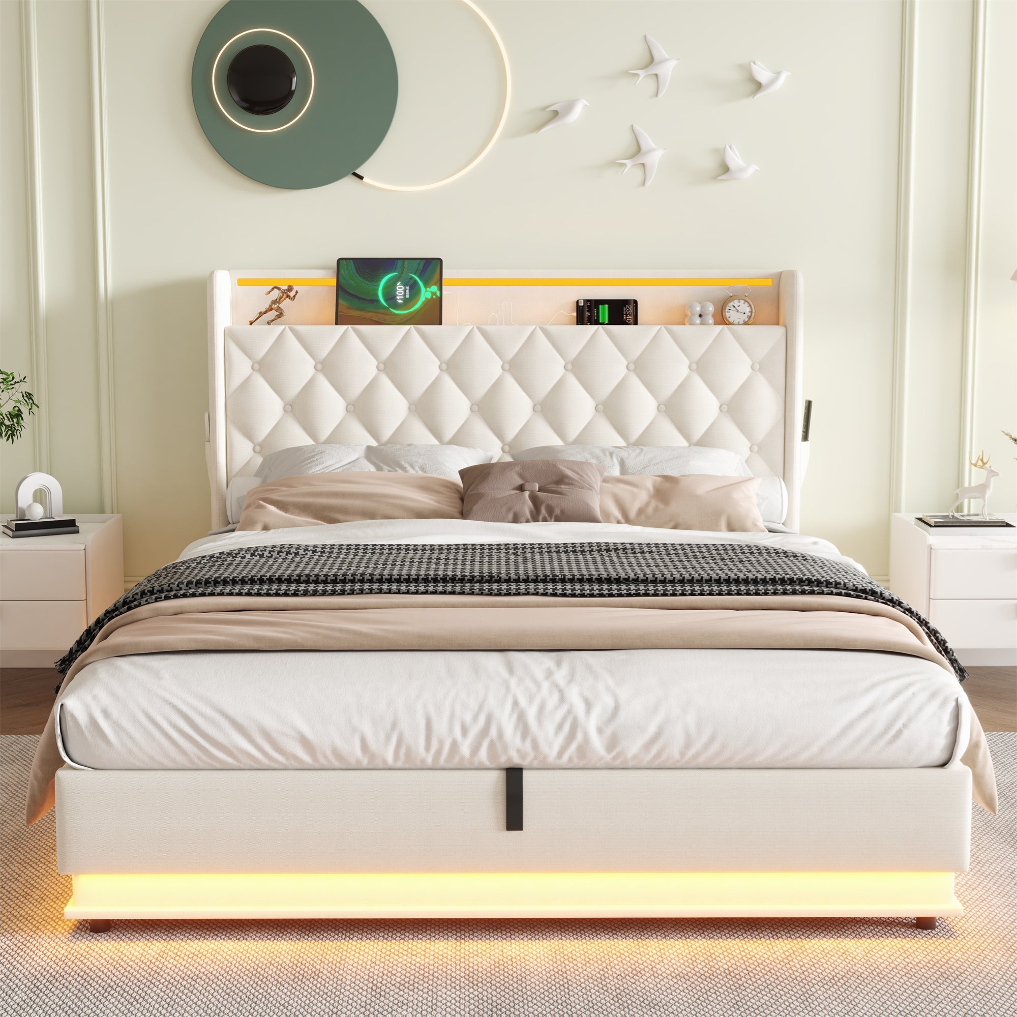 5ft King Upholstered Bed Frame, Hydraulic Storage LED Headboard Charging Station, Linen Beige