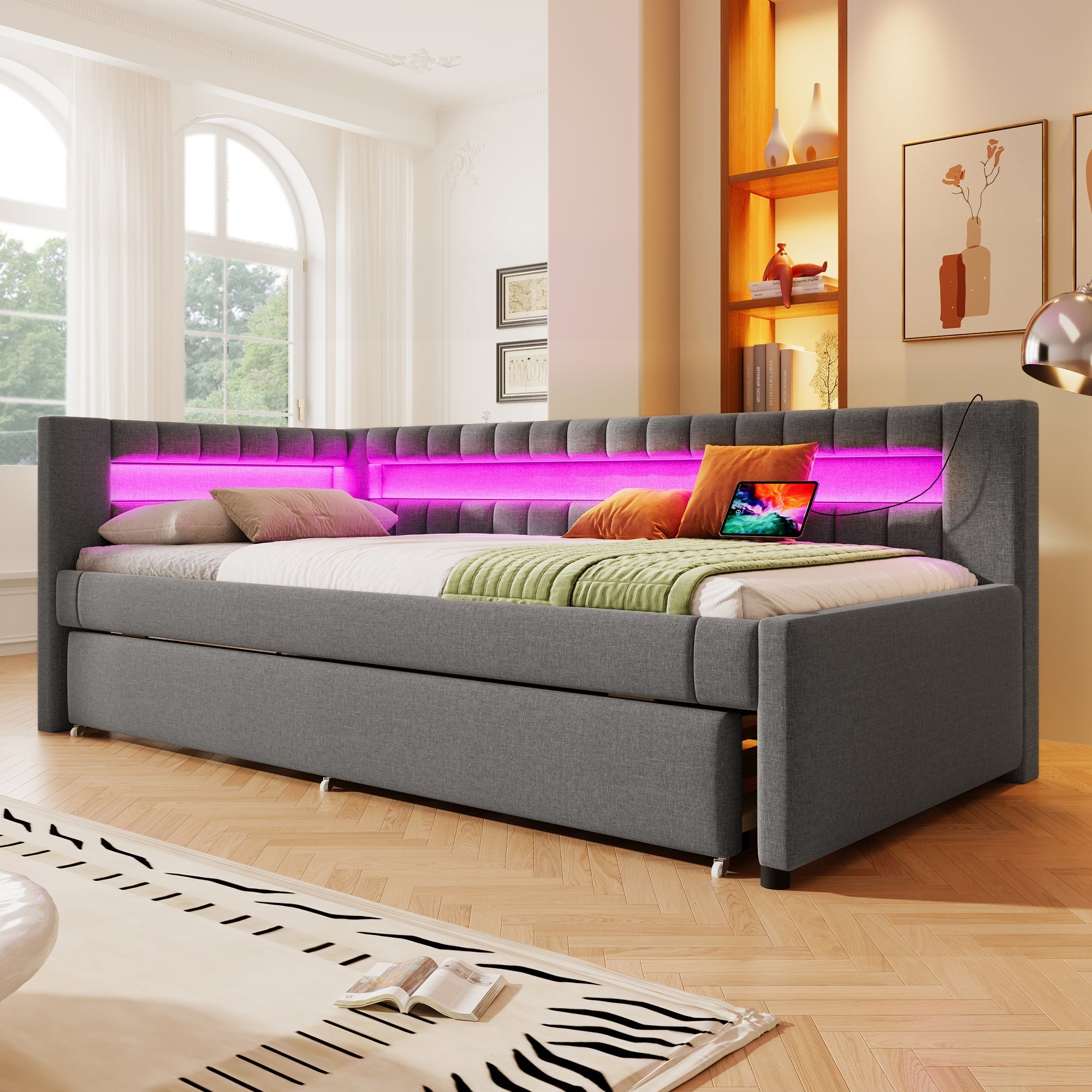 Daybed Sofa Bed 90x200cm Pull-out Bed LED Light USB/Type-C - Linen Grey