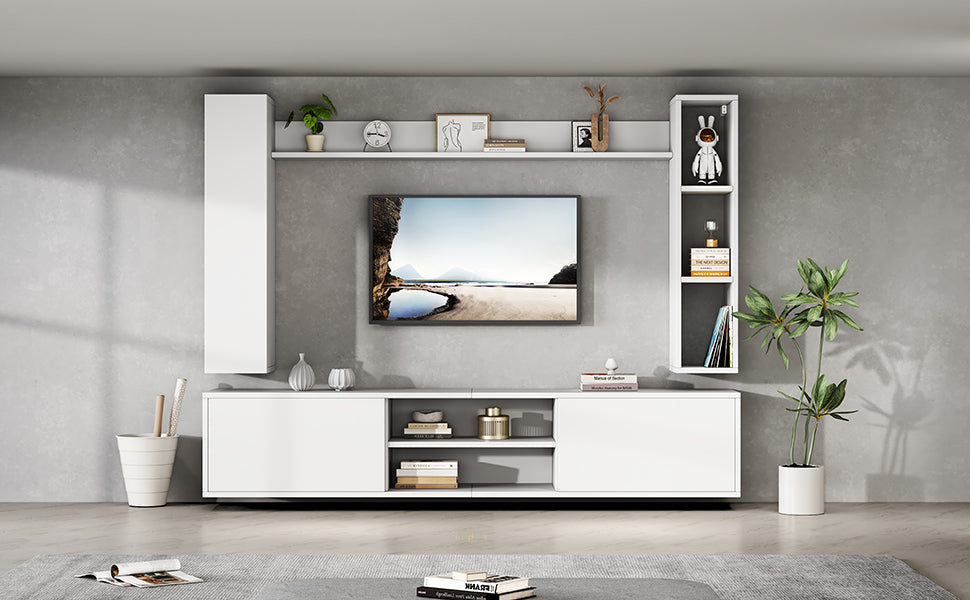 TV Wall Unit Set, 4-Piece Media with Display Cabinets, TV Board, Shelves, White