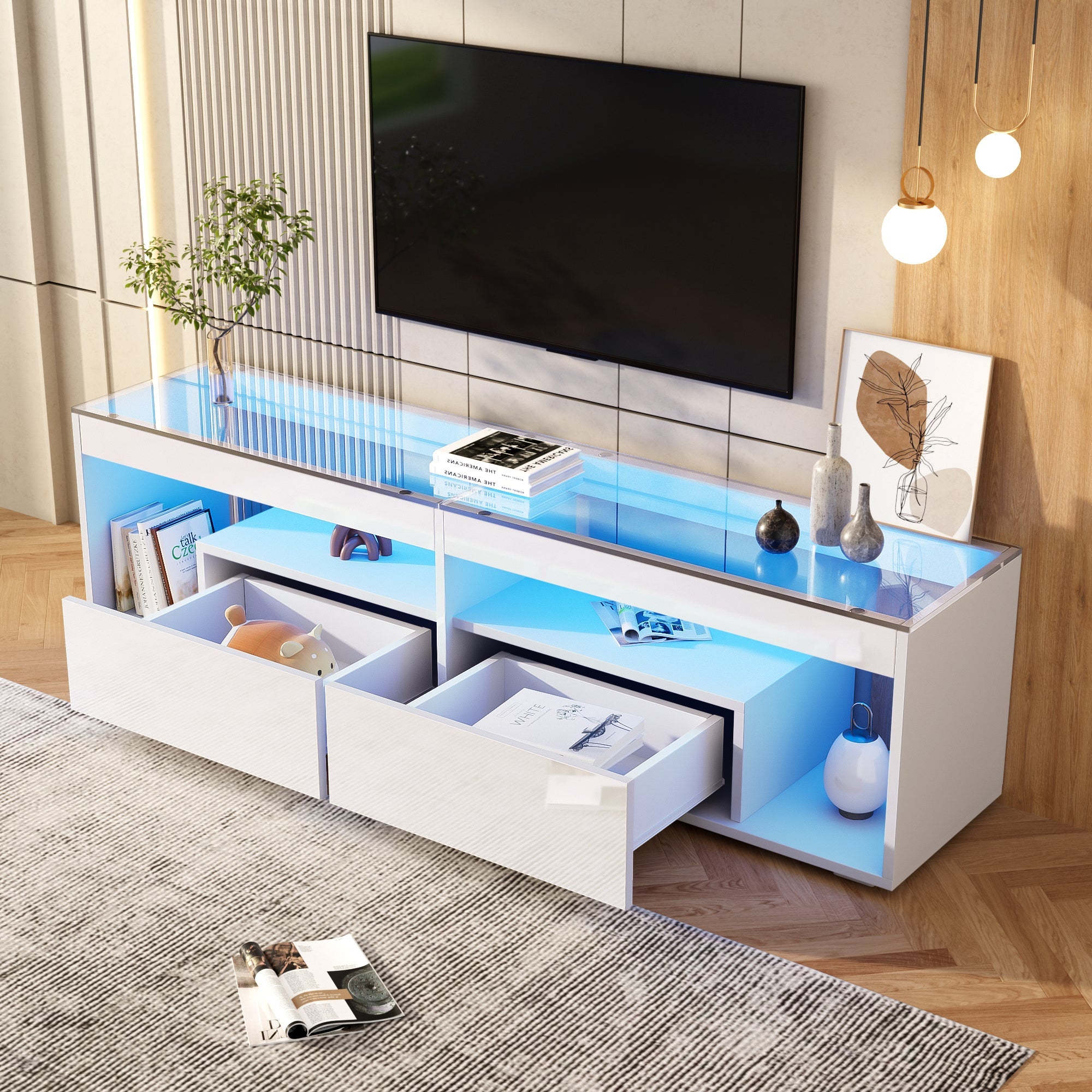 LED High-Gloss TV Cabinet for 70 Inch TVs, 2 Drawers, White