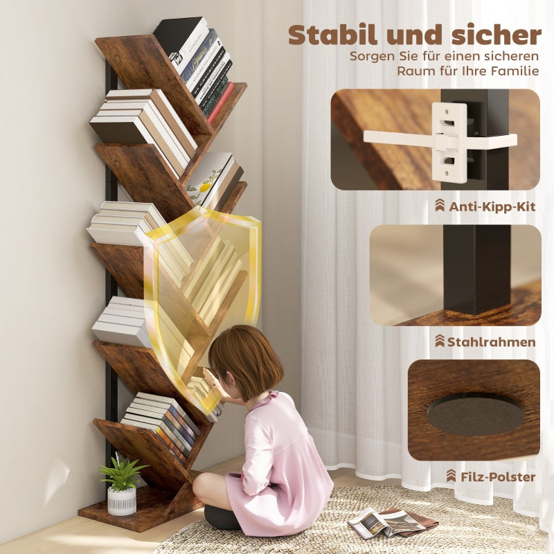 Bookshelf Standing Shelf 9 Levels Tree Shape, Rustic Brown