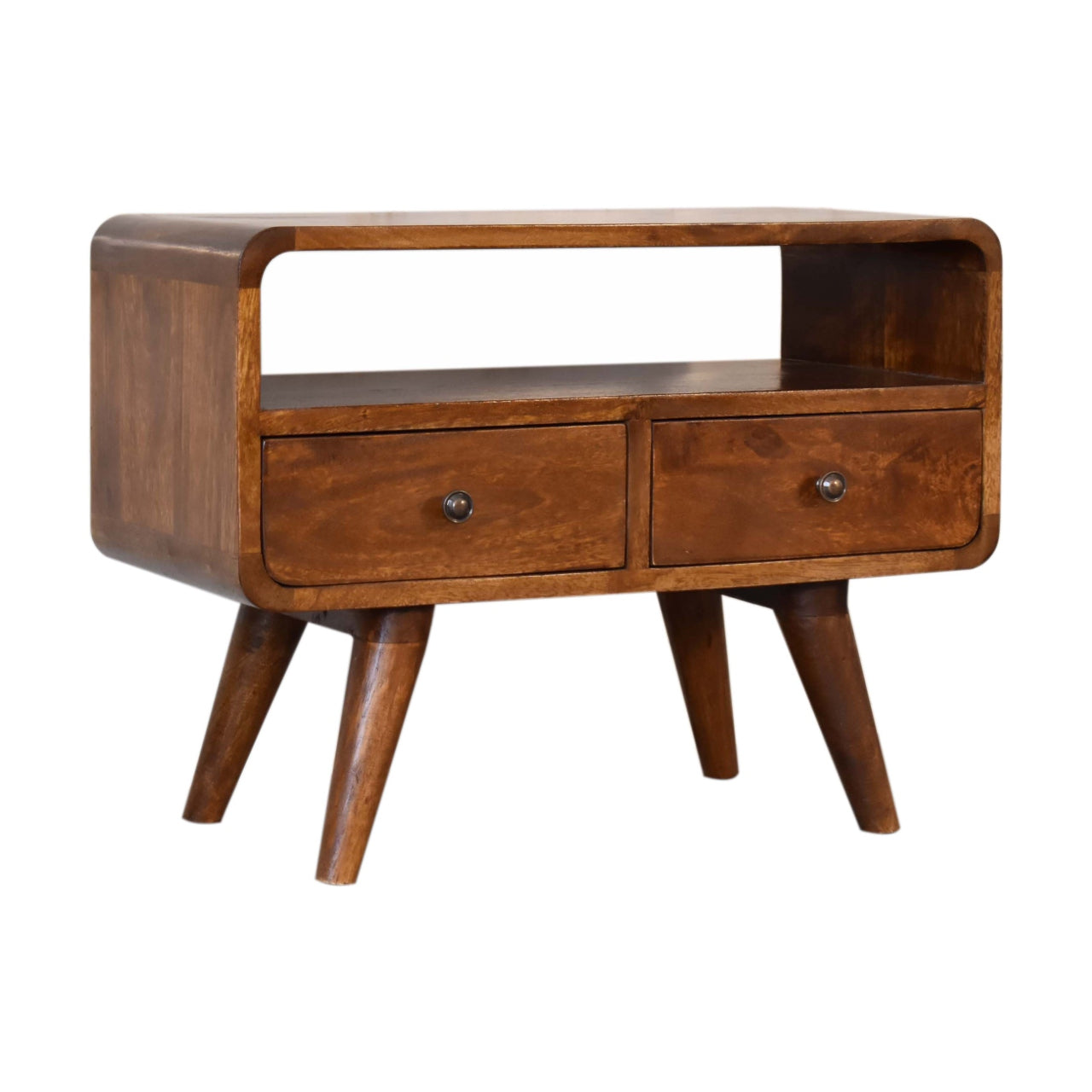 Solid Wood Mini Chestnut Curved Media Unit, 2 Drawers and Open Slot, Dark Brown