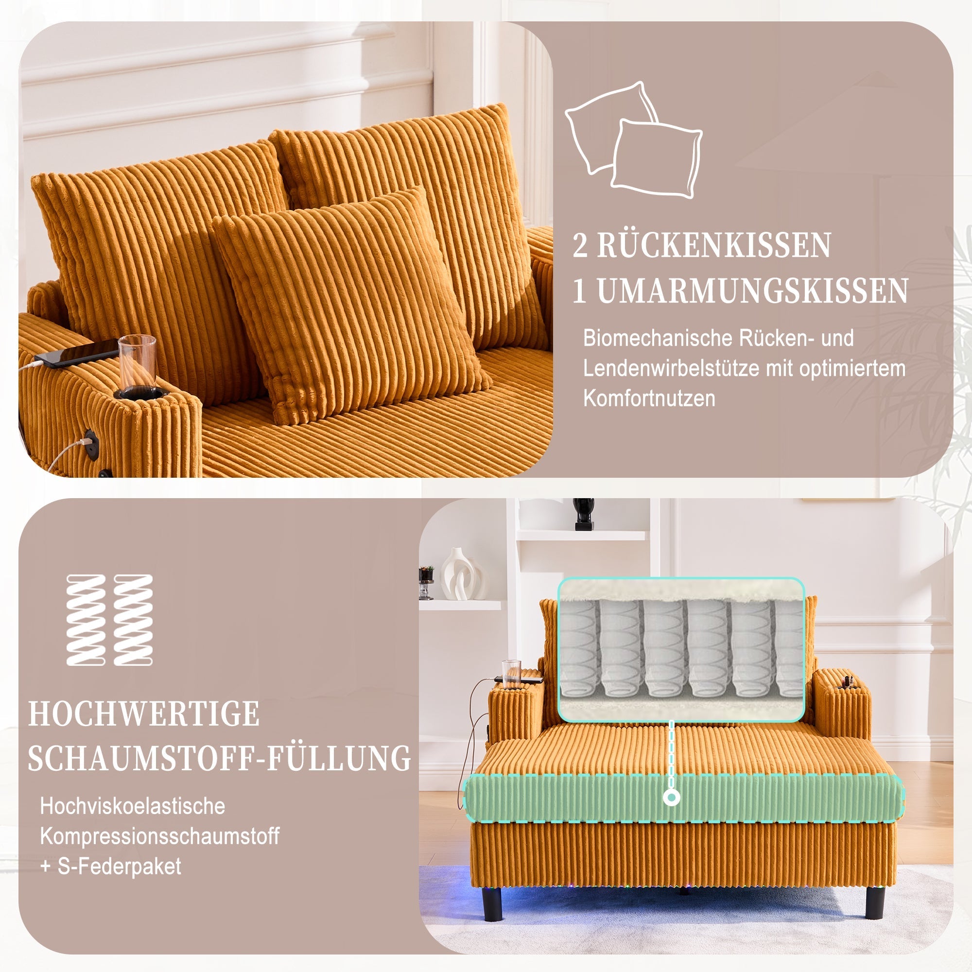 Chaise Longue Recliner, Soft, with Cupholders, USB, LED Lighting