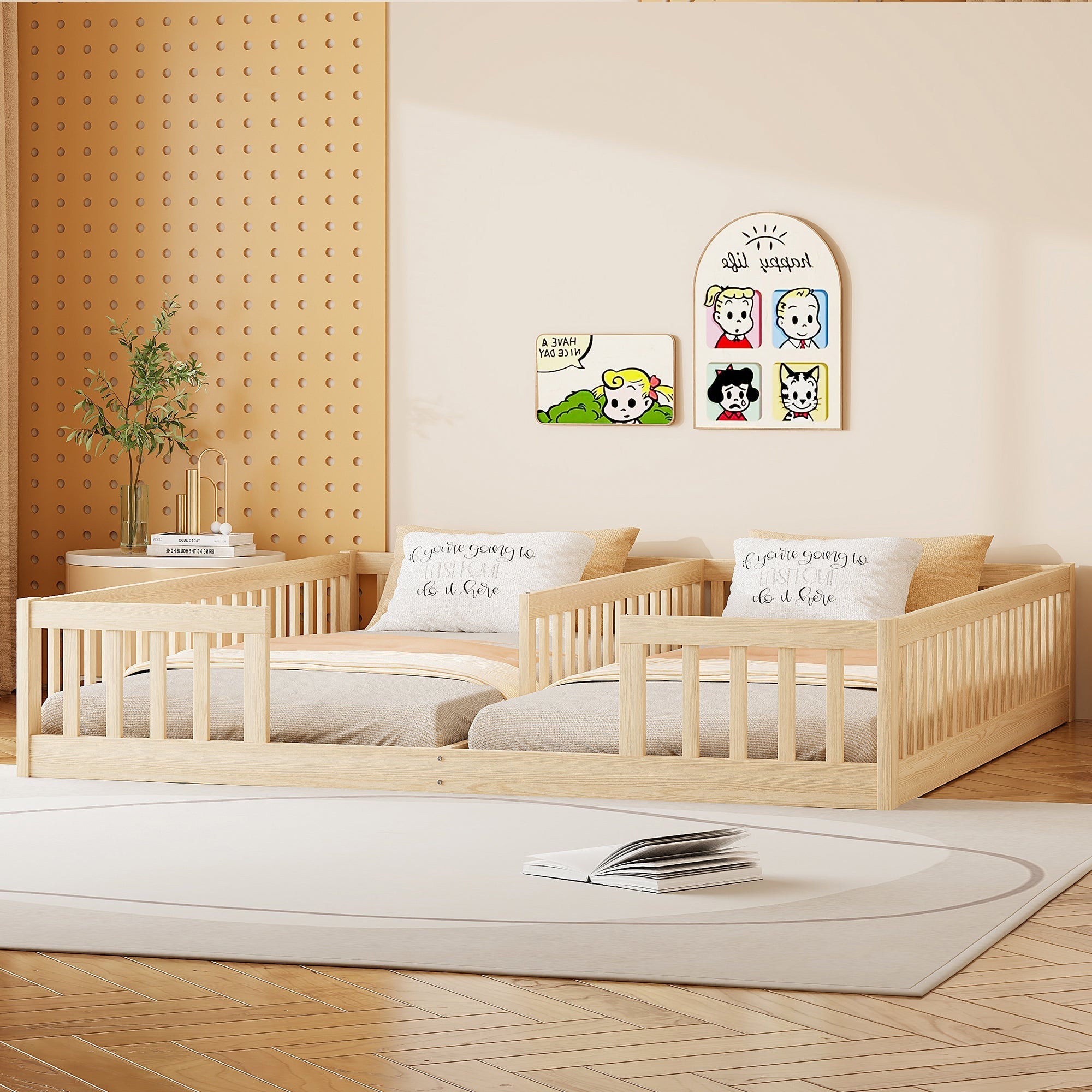 Panel Bed with Guardrails and Slatted Base, 90 x 200 cm, Pine Wood Natural