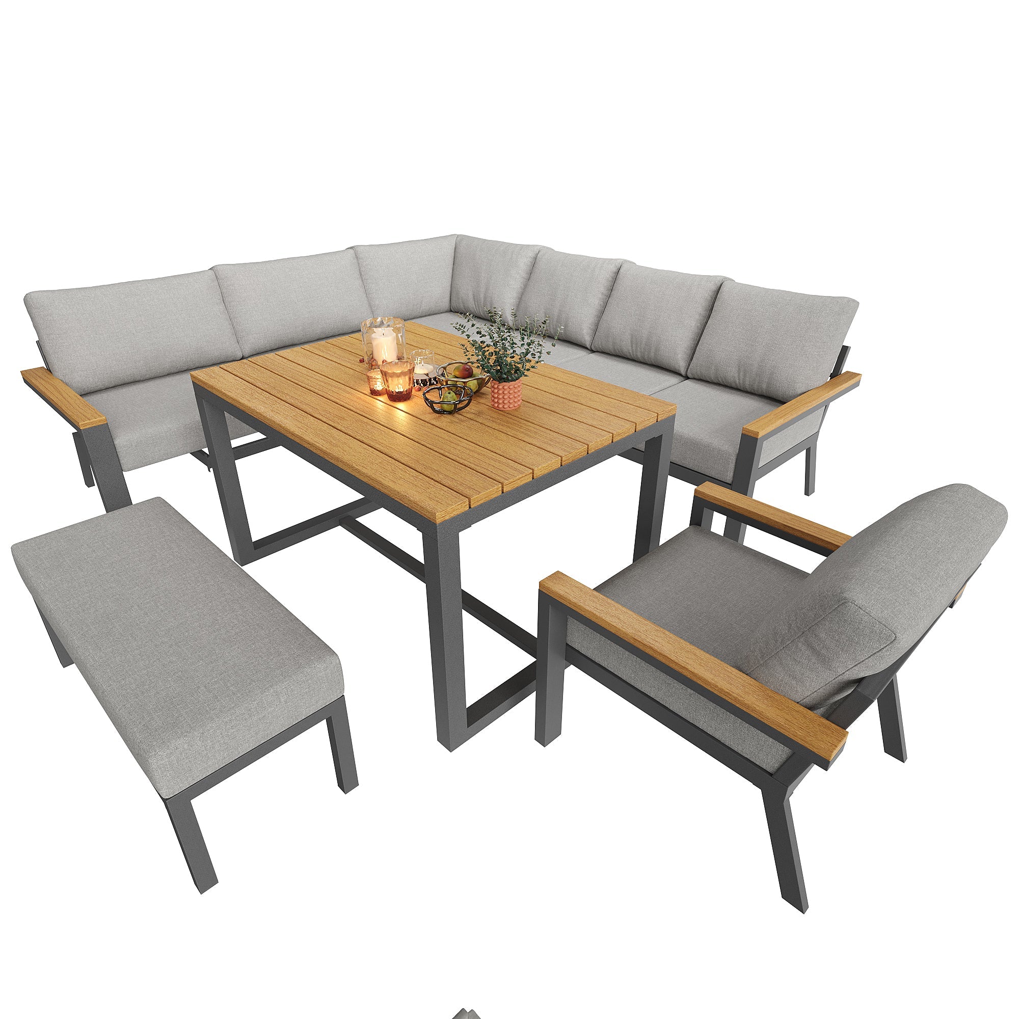 L-Shaped Garden Sofa Set 8-Person Iron Frame Wood Table - Grey Cushions