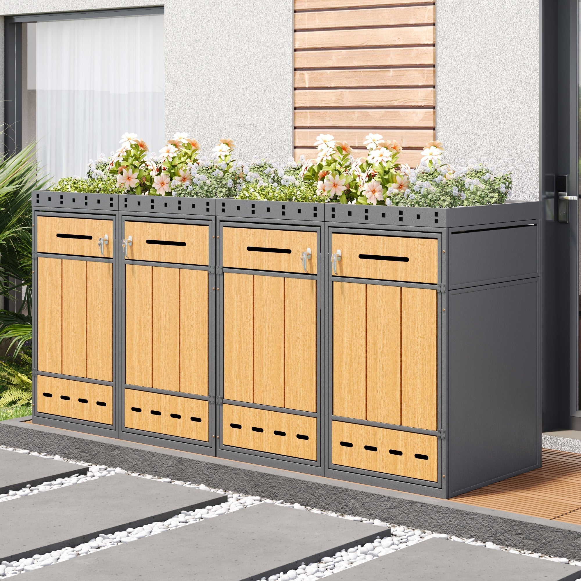 Bin Storage Unit with Green Roof for Four 120-240L Bins, Anthracite Wood-Look