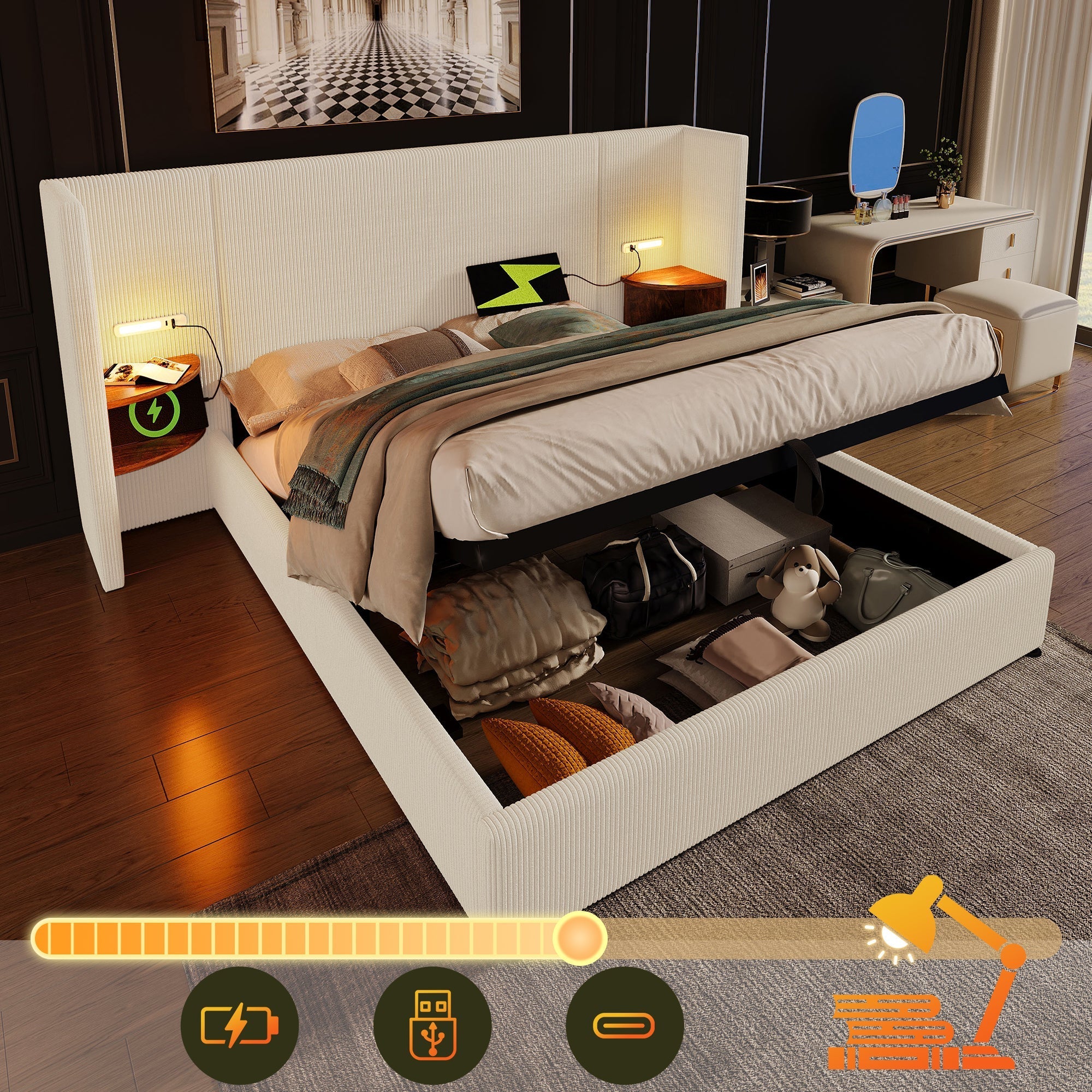 Upholstered Double Bed, 160x200, USB Type-C, Solid Wood & Metal Frame, Beige-White Corduroy