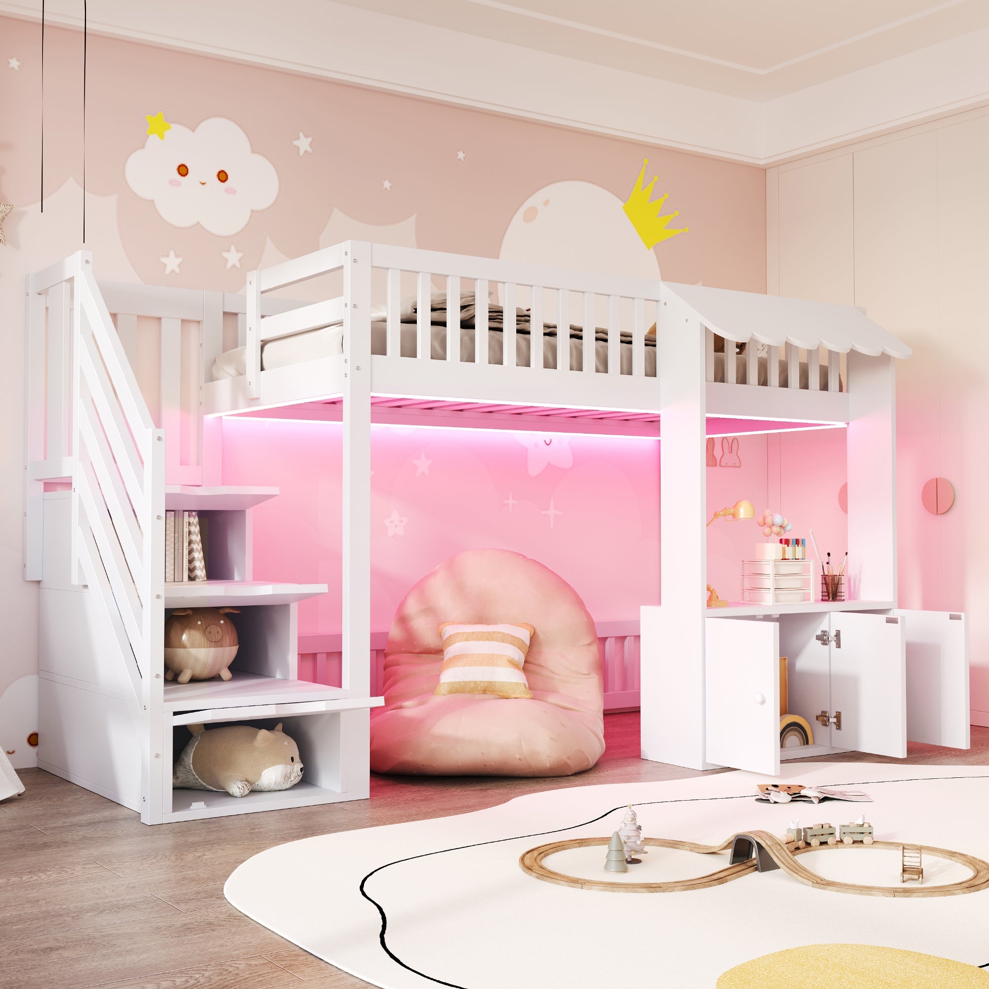 Wooden Loft Bed with Storage Wardrobe, Stairs and LED Light, 90x200cm, White Wood