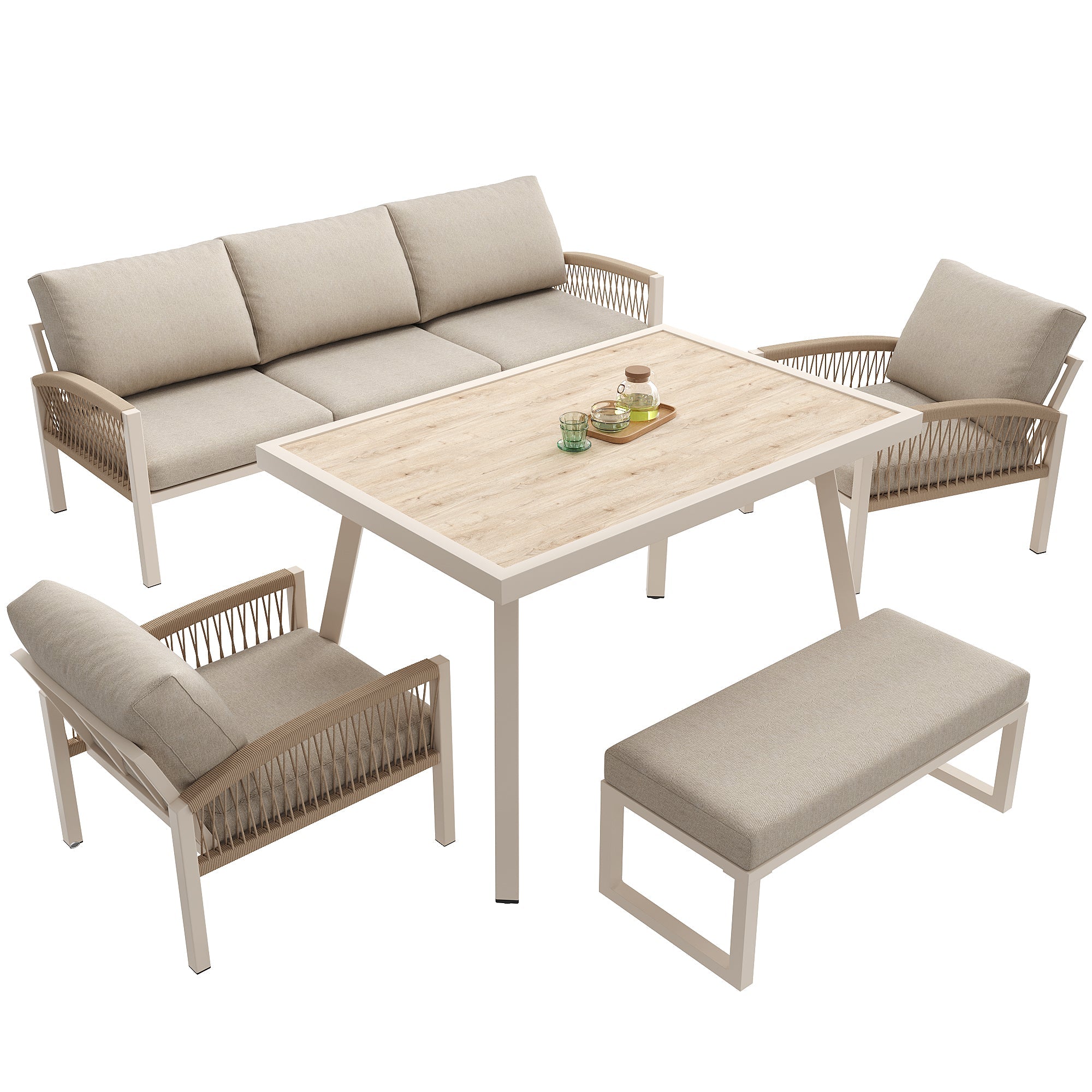 Handwoven Garden Sofa Set 7-Seater with Table 2 Armchairs Weatherproof - Beige/Iron Frame