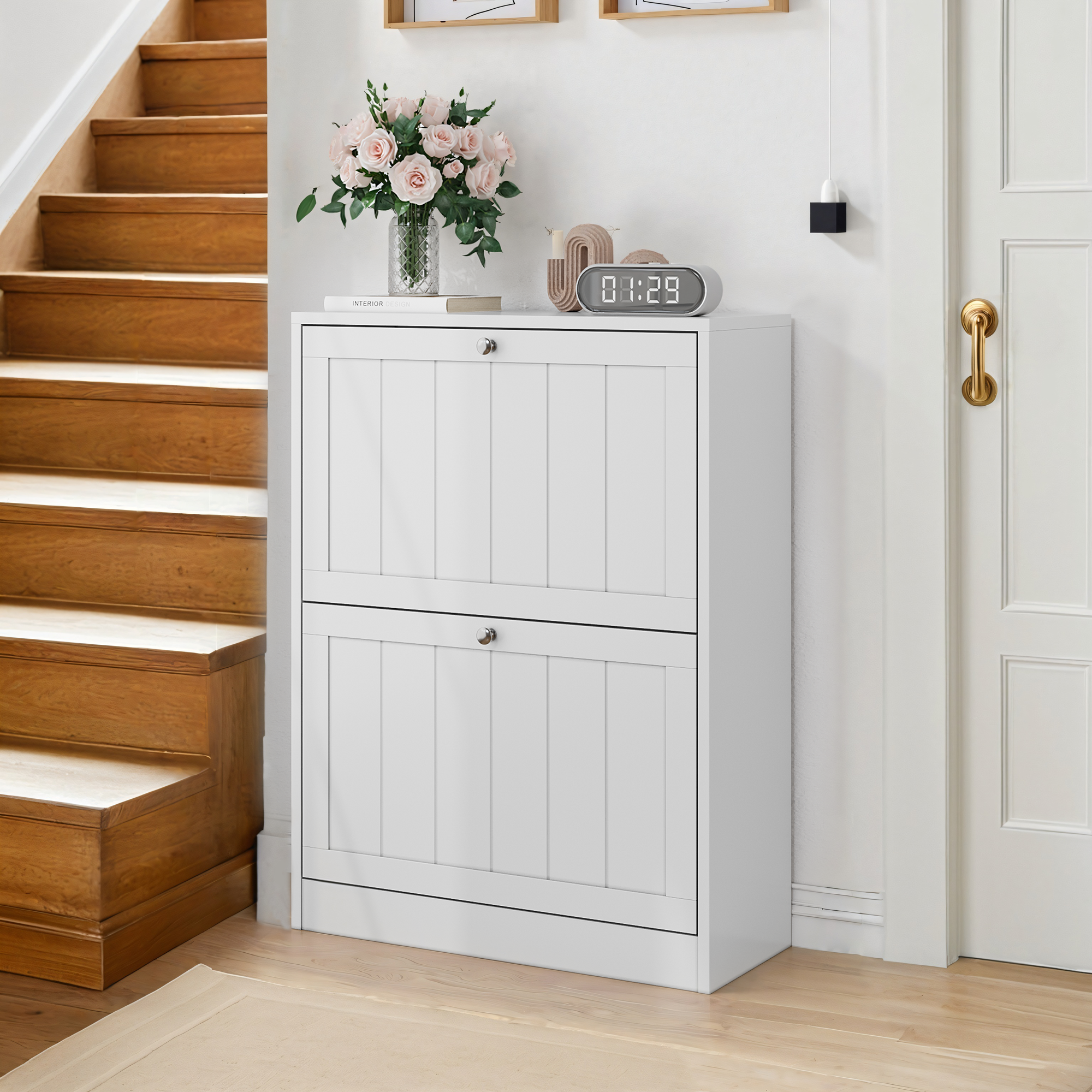 Shoe Cabinet 60cm Mid-Century Modern Freestanding 2 Drop-Down Drawers - White