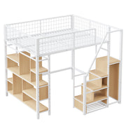 Loft Bed 140x200cm Storage Shelves Stairs - White Metal