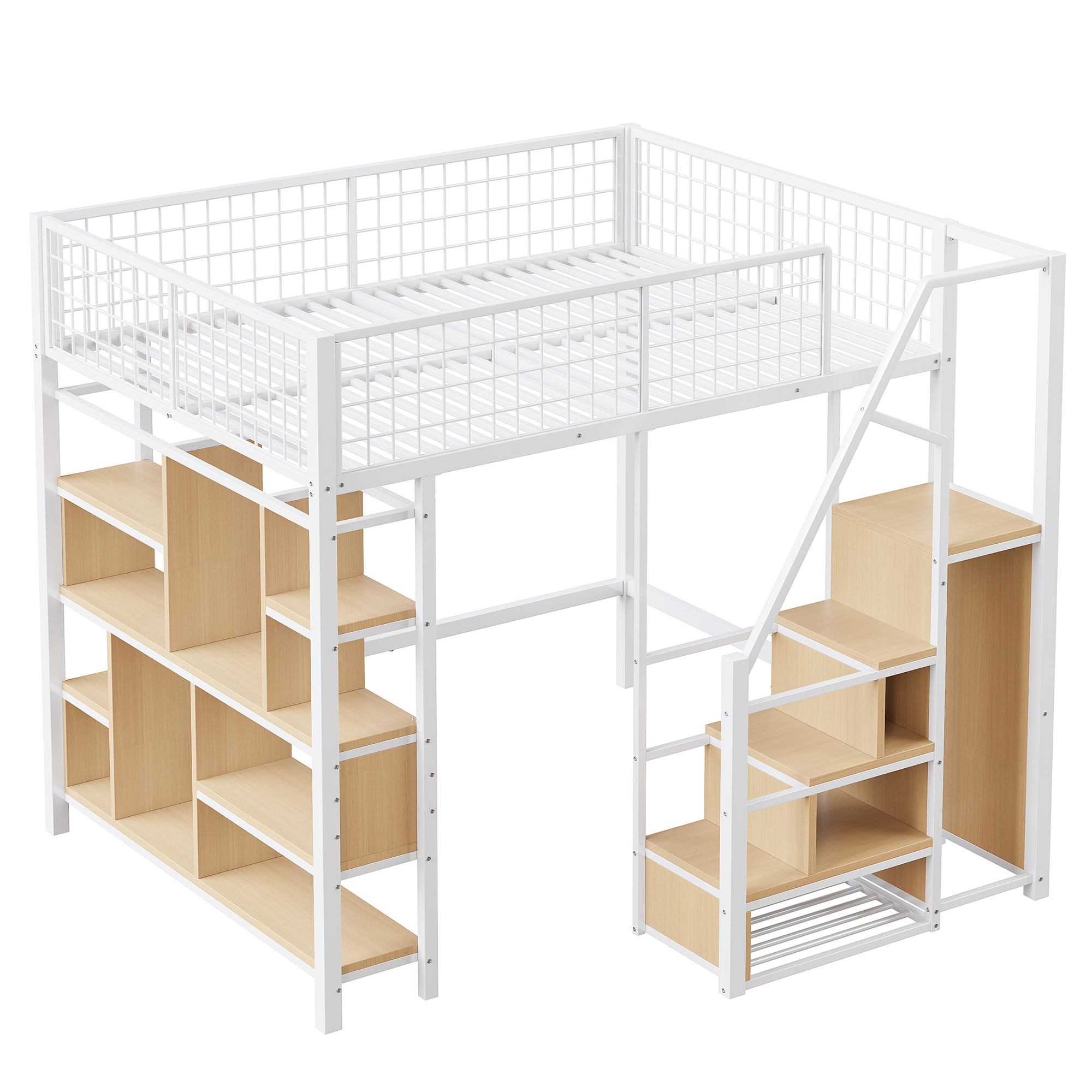 Loft Bed 140x200cm Storage Shelves Stairs - White Metal