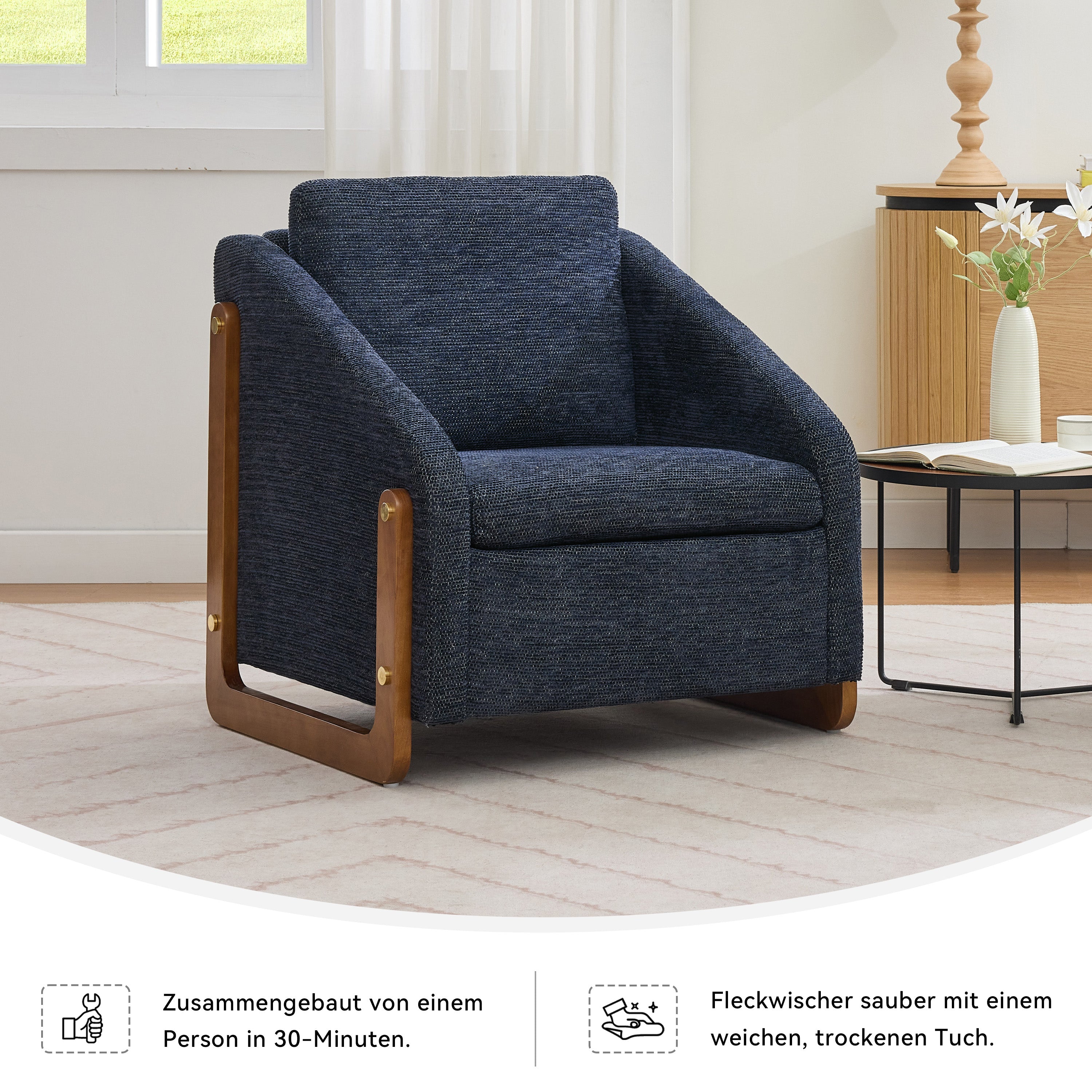 057 Armchair, Modern Lounge Chair with Wooden Armrests, Blue Chenille Fabric