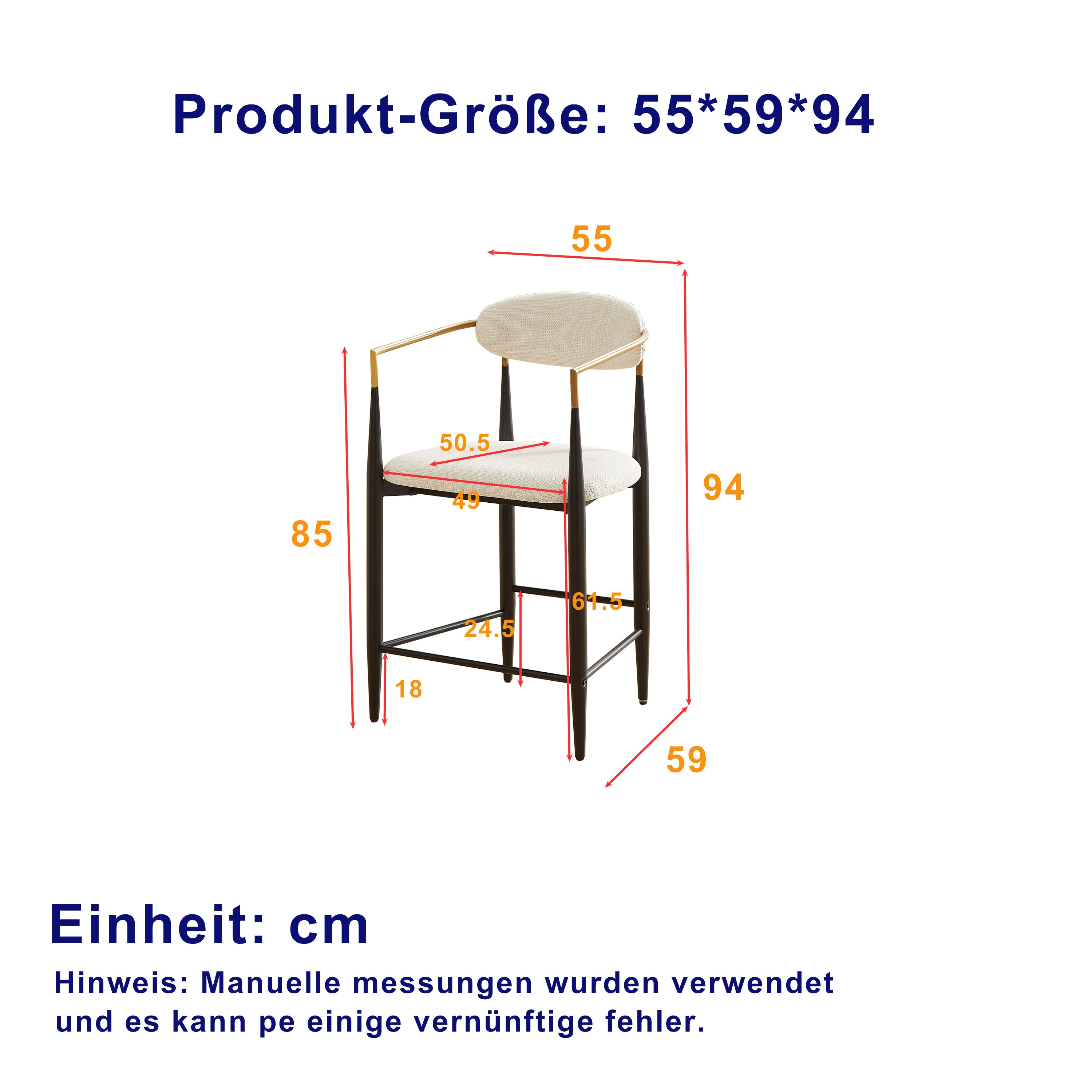 Set of 2 Bar Stools Armrests French Country Style Black/Gold - Cream Fabric