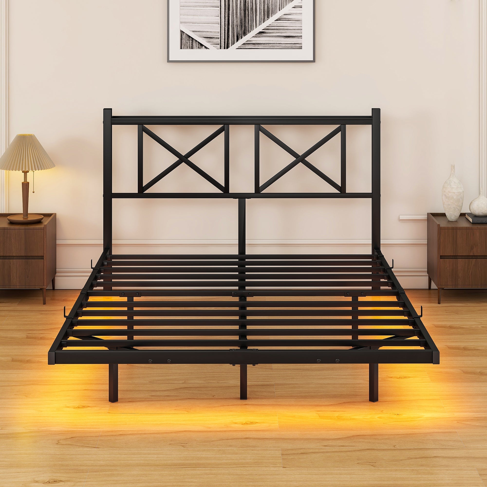Double Bed Frame 120x200cm LED Charging Station Floating Design - Metal