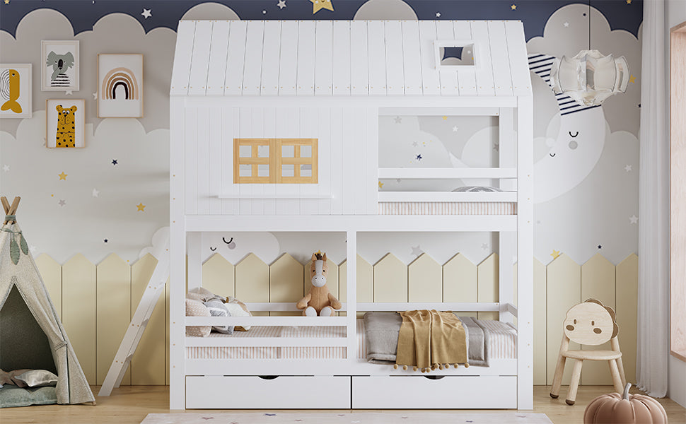 Bunk Bed 90x200cm House Design 2 Drawers Ladder - White/Natural