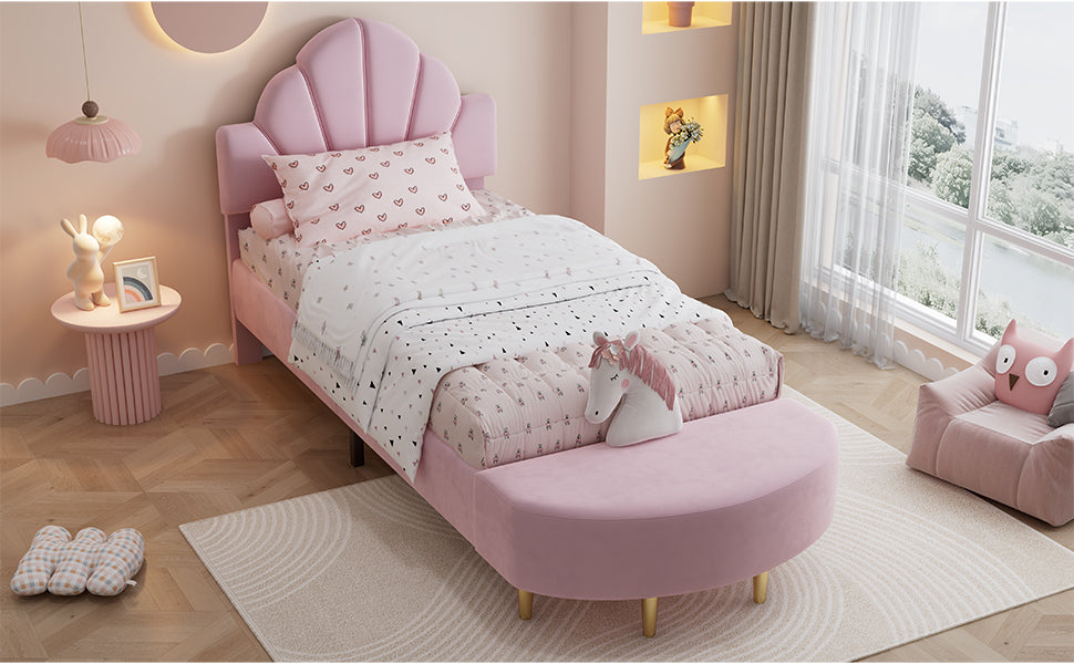 Upholstered Single Bed 90x200cm Velvet Headboard Matching Bench - Pink Velvet