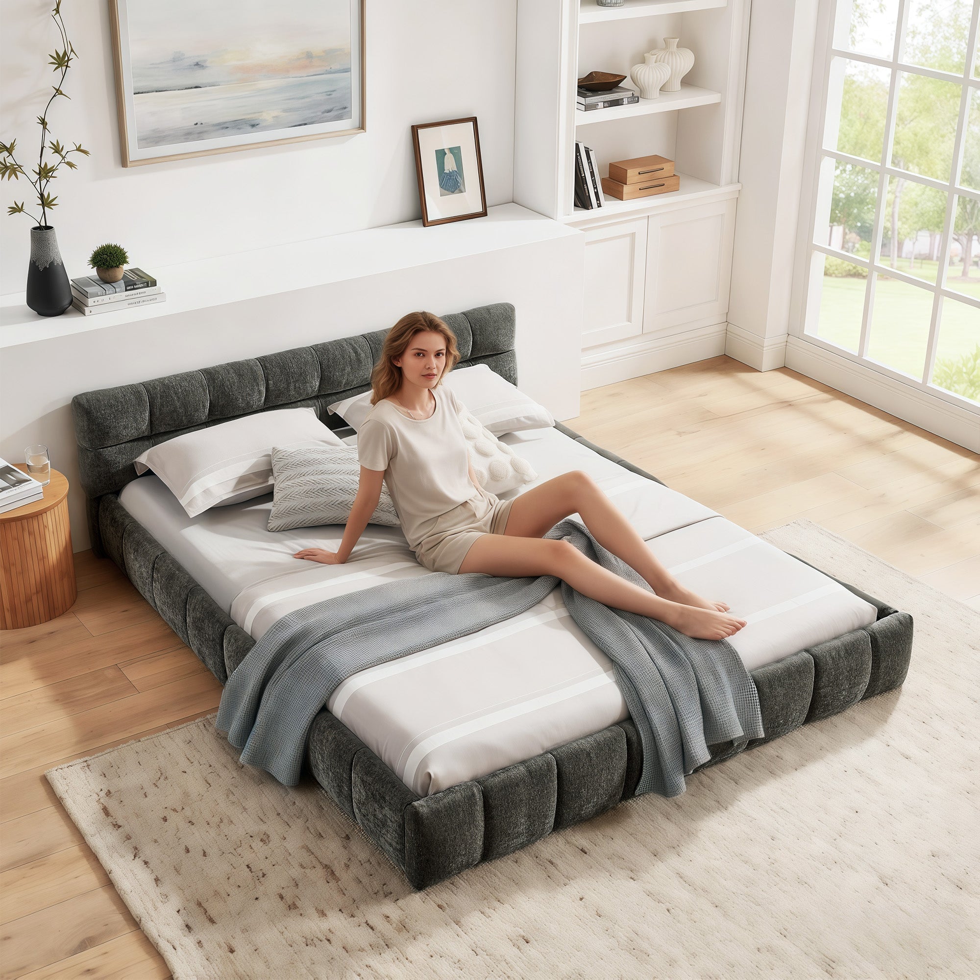 Double Bed 160x200cm Chenille Quilted Eucalyptus Wood Frame, Dark Grey