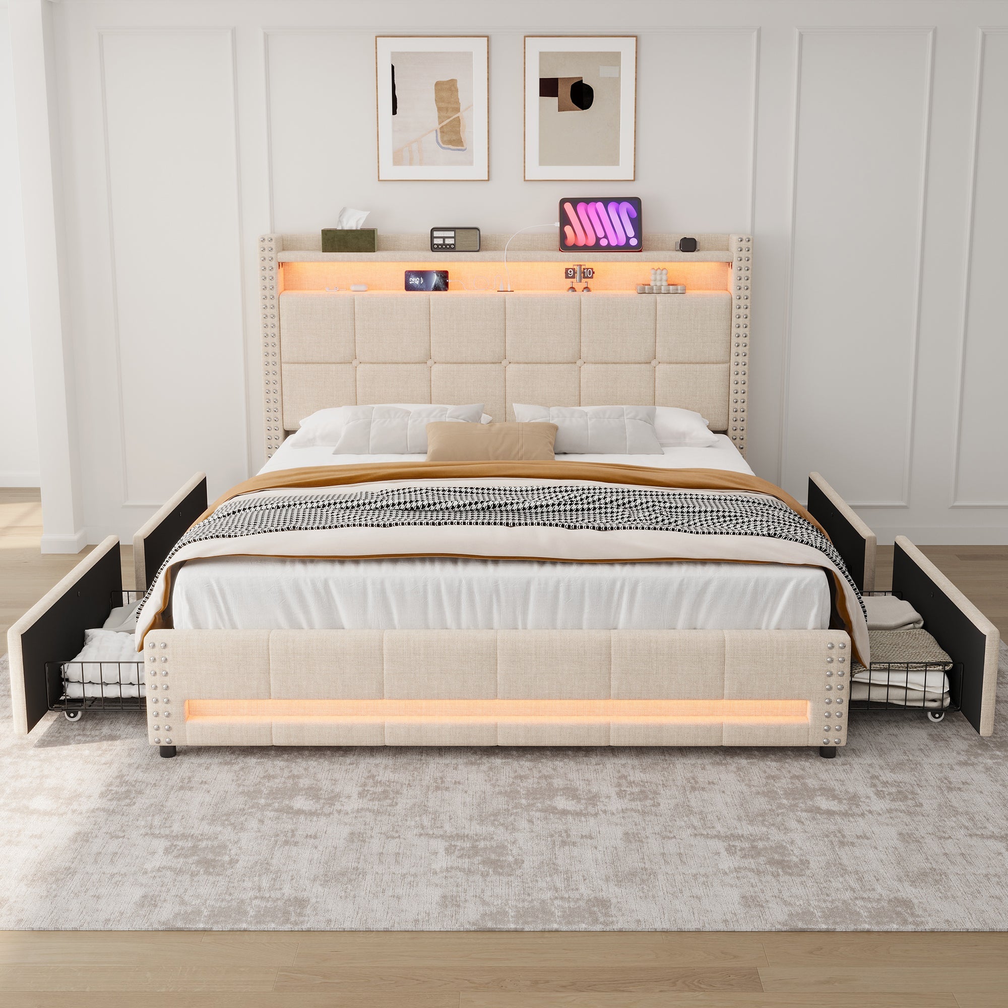 4ft6 Double Upholstered Storage Bed w/ LED, Charging Station, Linen Beige