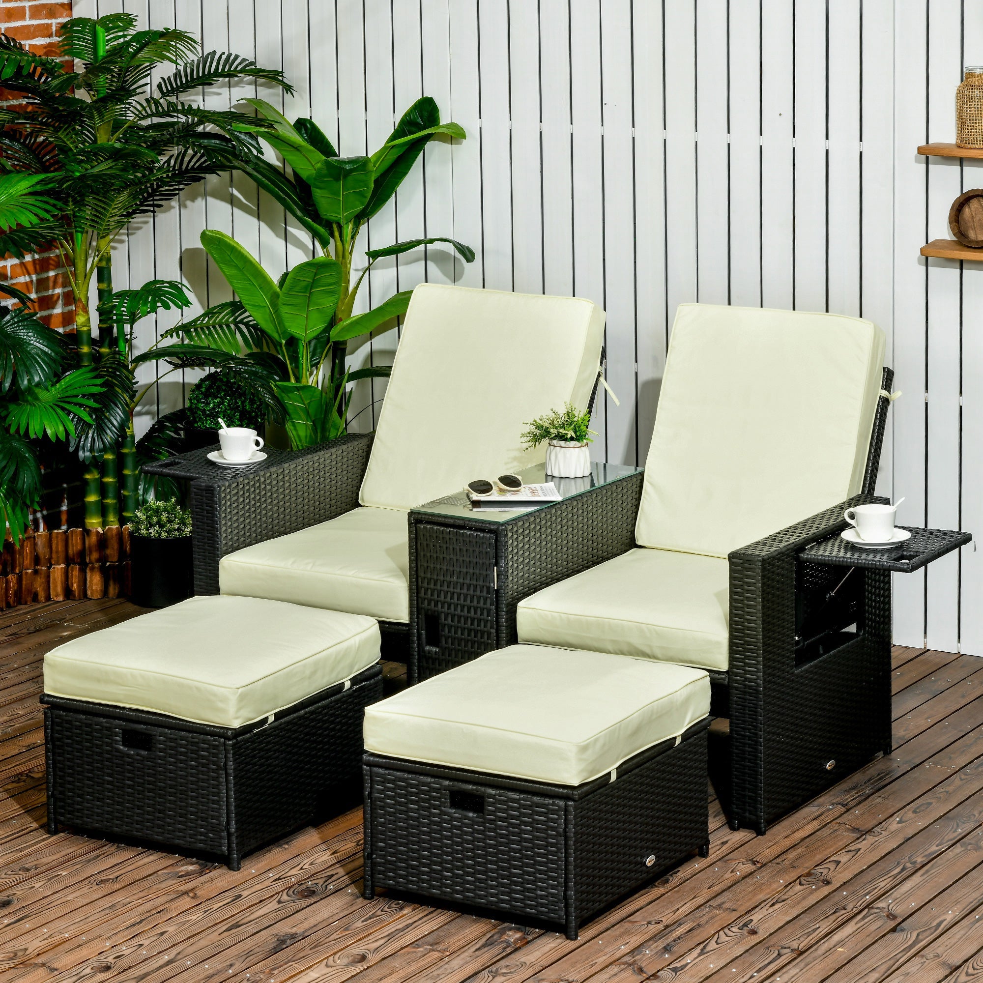 5PC Sun Lounger Set, 5-Level Adjustable Recliner with Storage and Side Table, PE Rattan Wicker Black