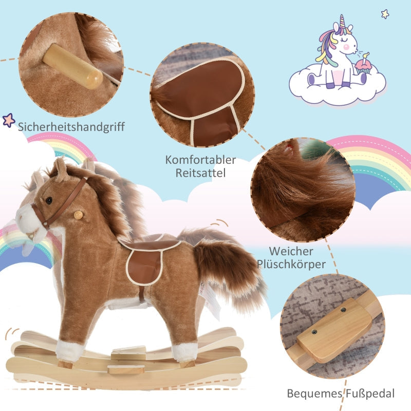 Children's Rocking Horse with Animal Sounds and Handles for 36-72 Months, Brown Plush