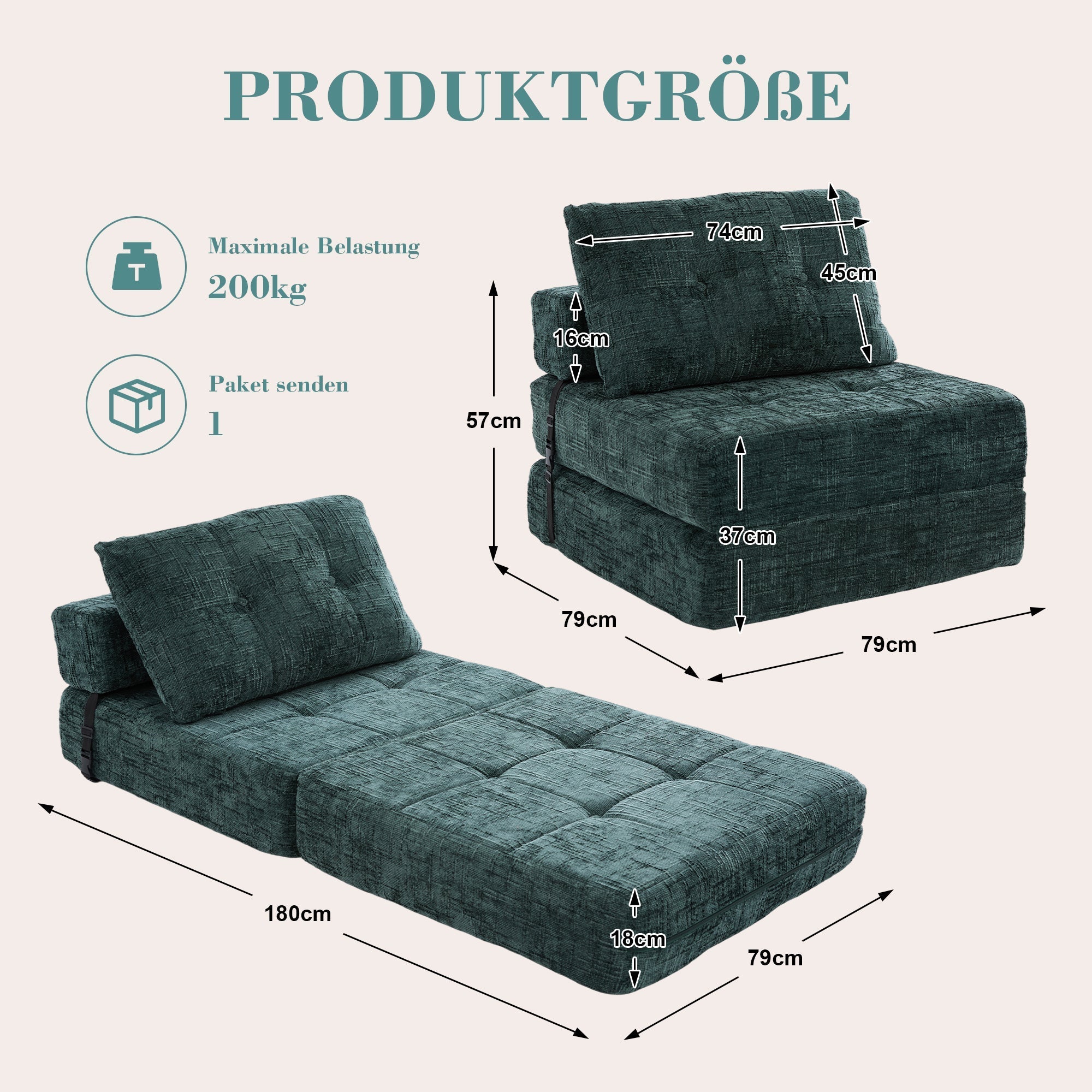 Folding Sofa Bed with Pillows, Foldable Mattress & Backrest, Portable Floor Sofa