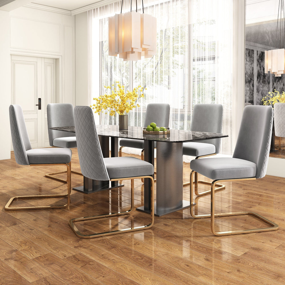 Velvet Dining Chair Set of 2 Diamond Back Gold Metal Legs - Grey
