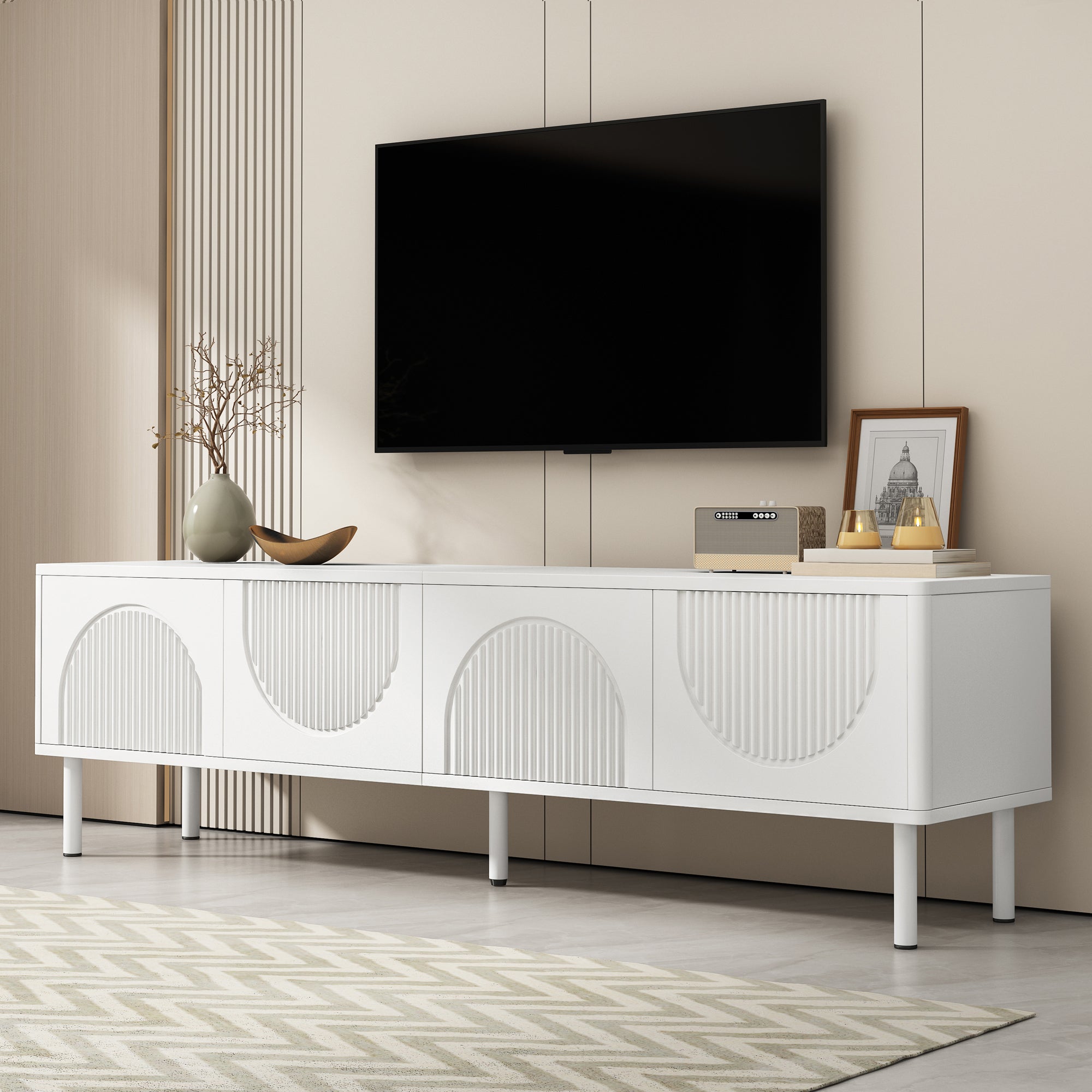 Modern 180cm TV Stand with Storage and Cable Management, White Matte