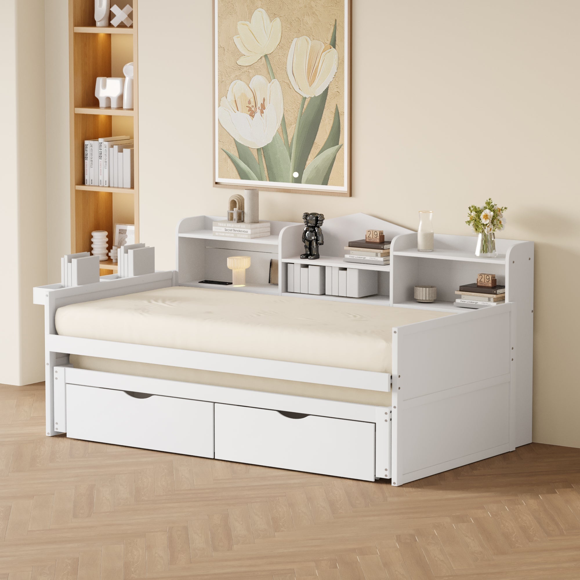 Sofa Bed 90*200, Pull-Out 90*190, 2 Drawers, Storage, USB Socket, Wooden, White