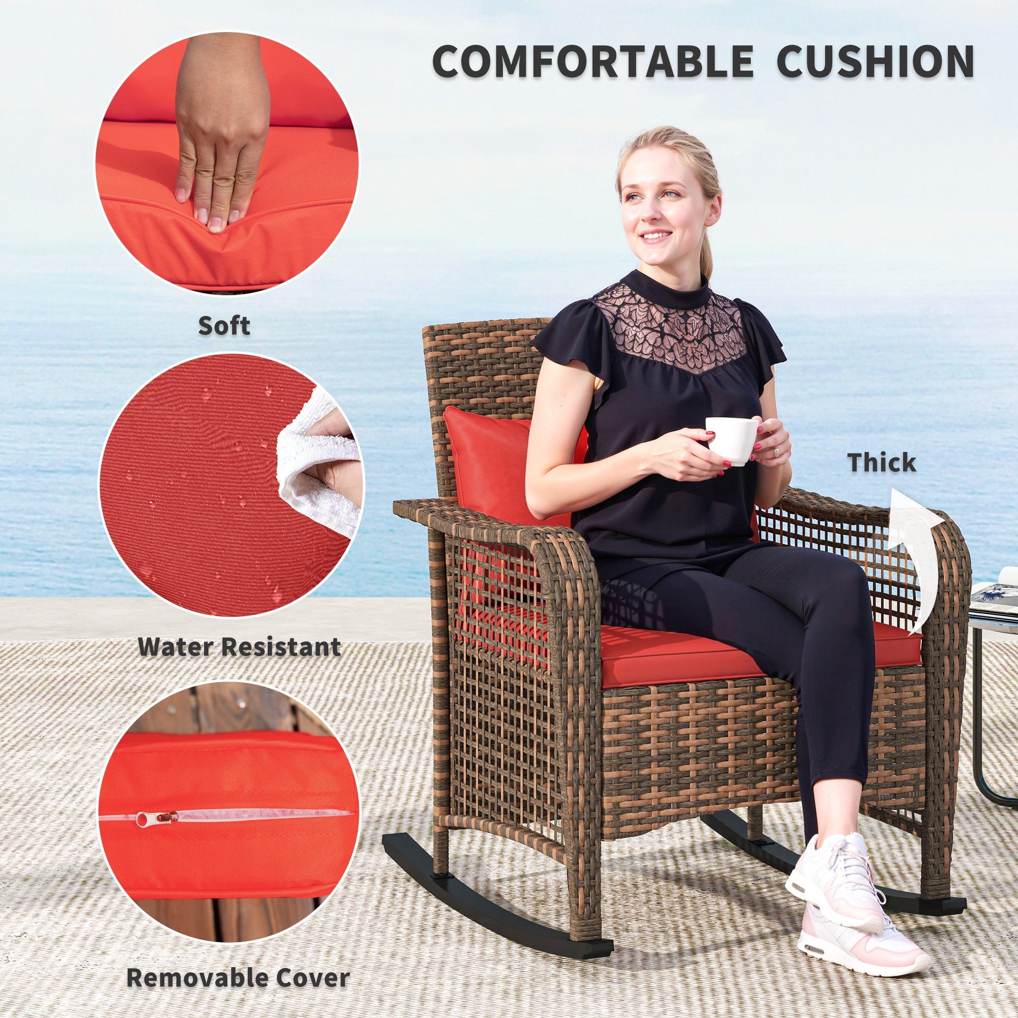 Rattan Rocking Chair Outdoor with Curved Base & Steel Frame, Red
