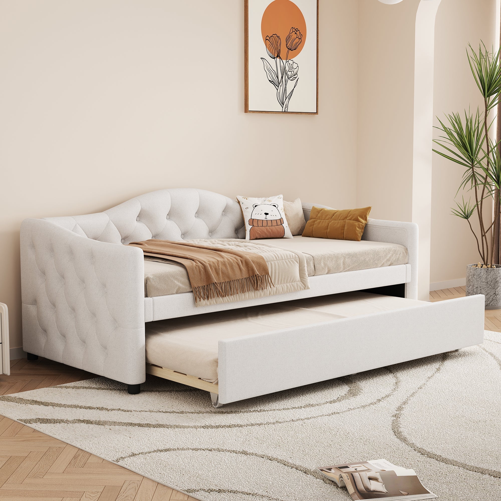 Daybed Sofa Bed 90x200cm Pull-out Bed Minimalist - Linen Beige