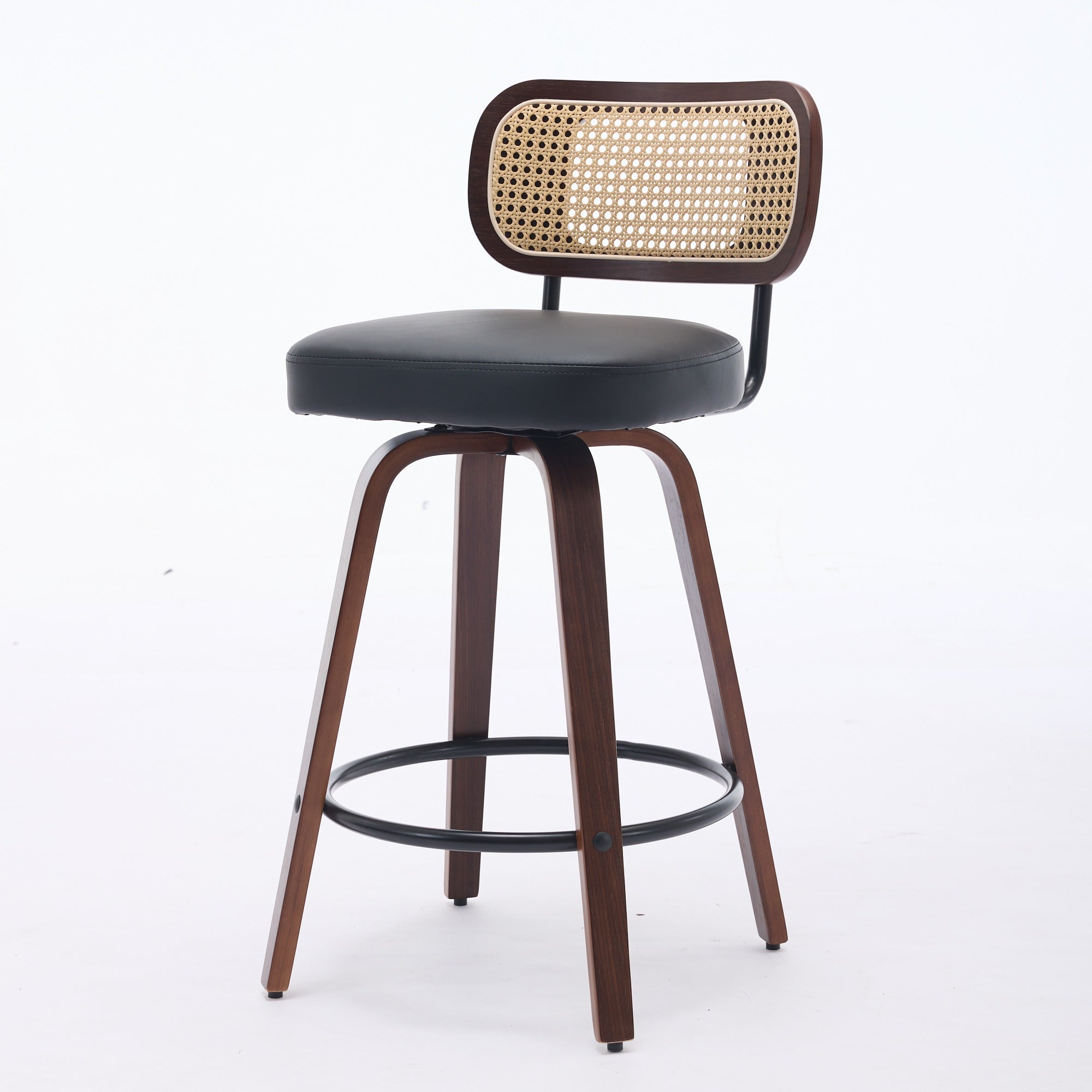 Set of 3 Counter Height Bar Stools Swivel Rattan Cane Back 26 inch Upholstered Seat Walnut Black