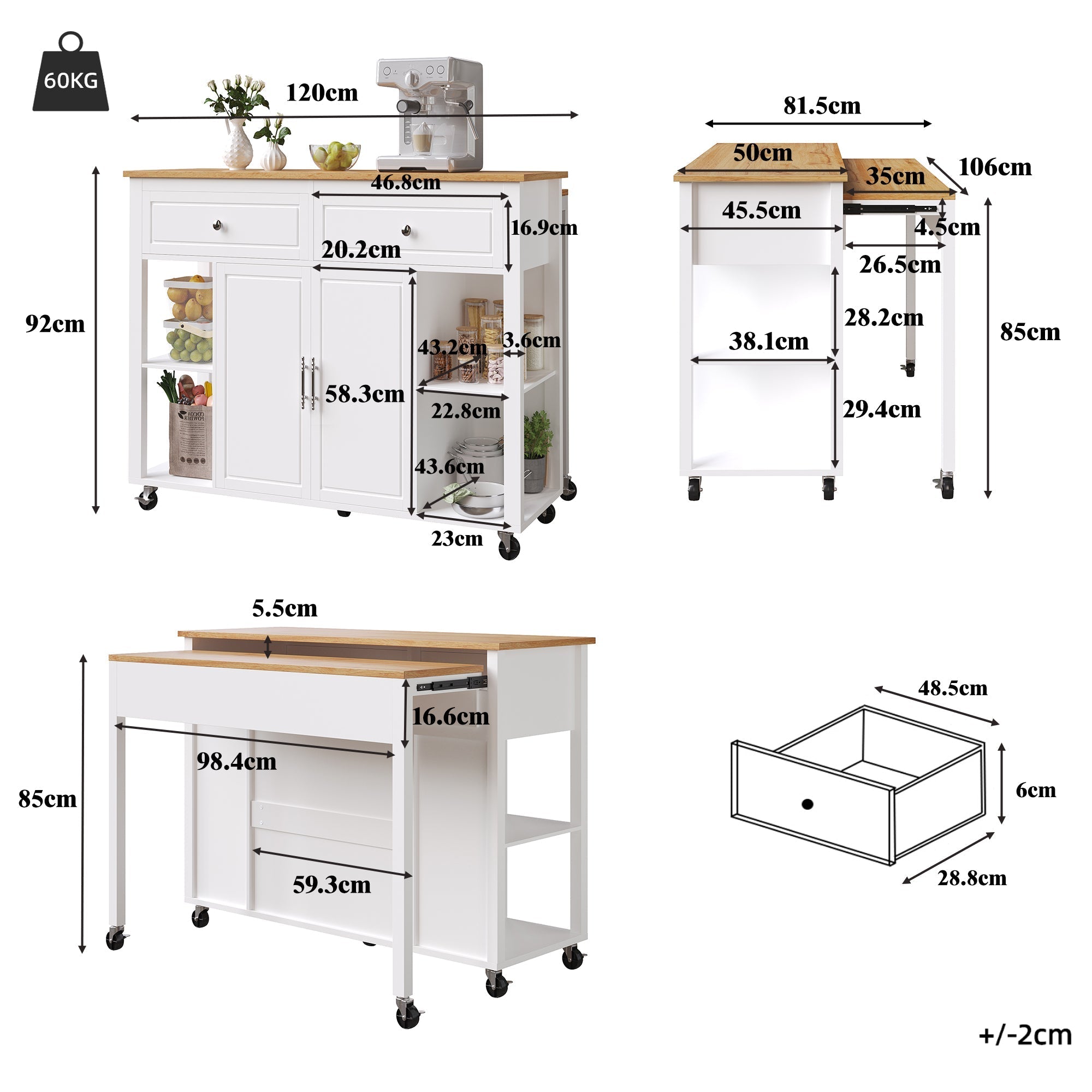 Kitchen Island Mobile Serving Trolley Storage 2 Drawers - Wood Grain