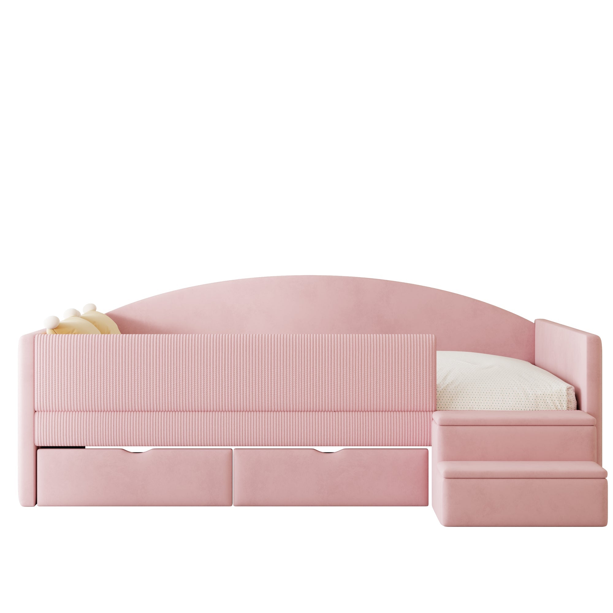 Upholstered Sofa Bed with Two Drawers, Railings and Steps, 90x190cm, Pink Velvet