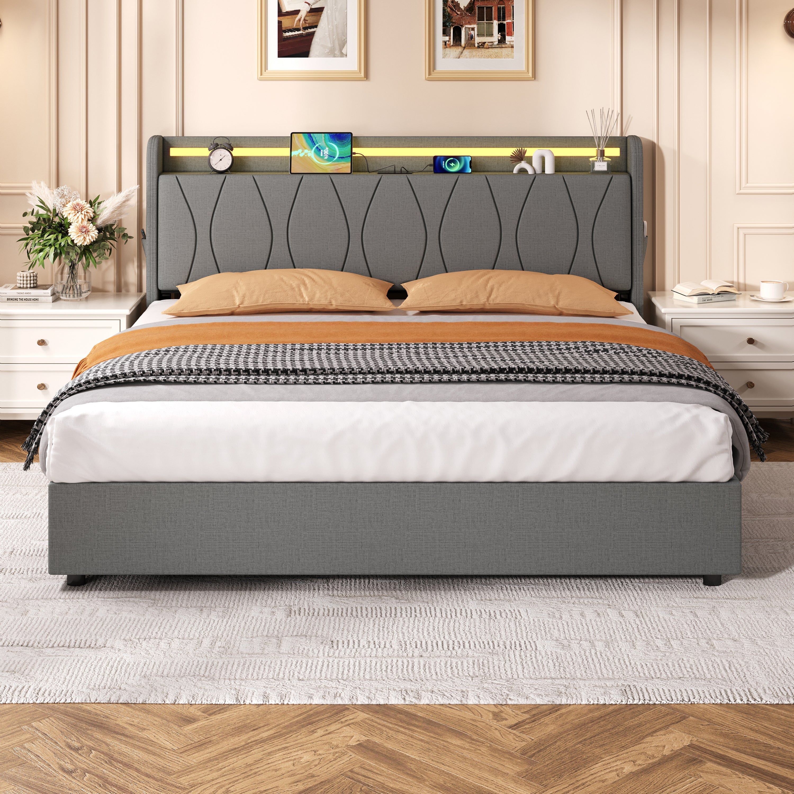 5ft King Upholstered Bed Frame, Hydraulic Storage LED Headboard with Charging Station, Linen Grey